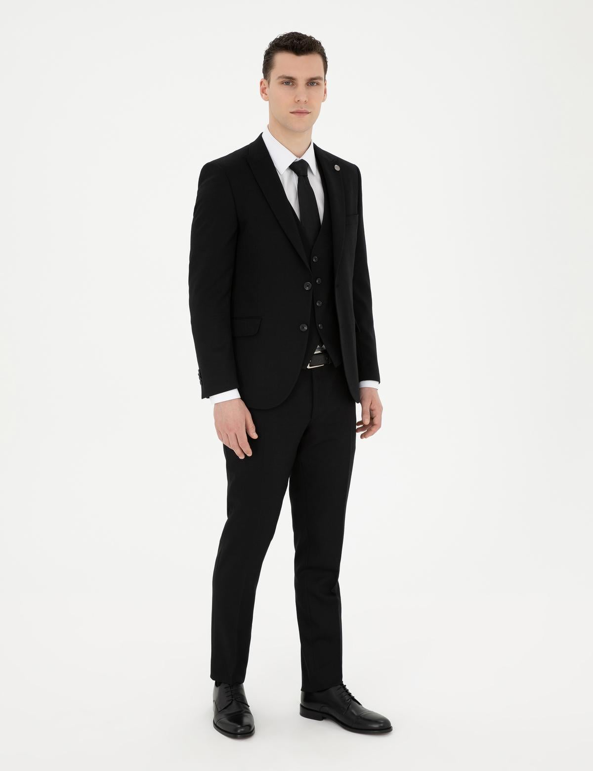 Siyah Ekstra Slim Fit Yelekli Takım Elbise - 50285274030