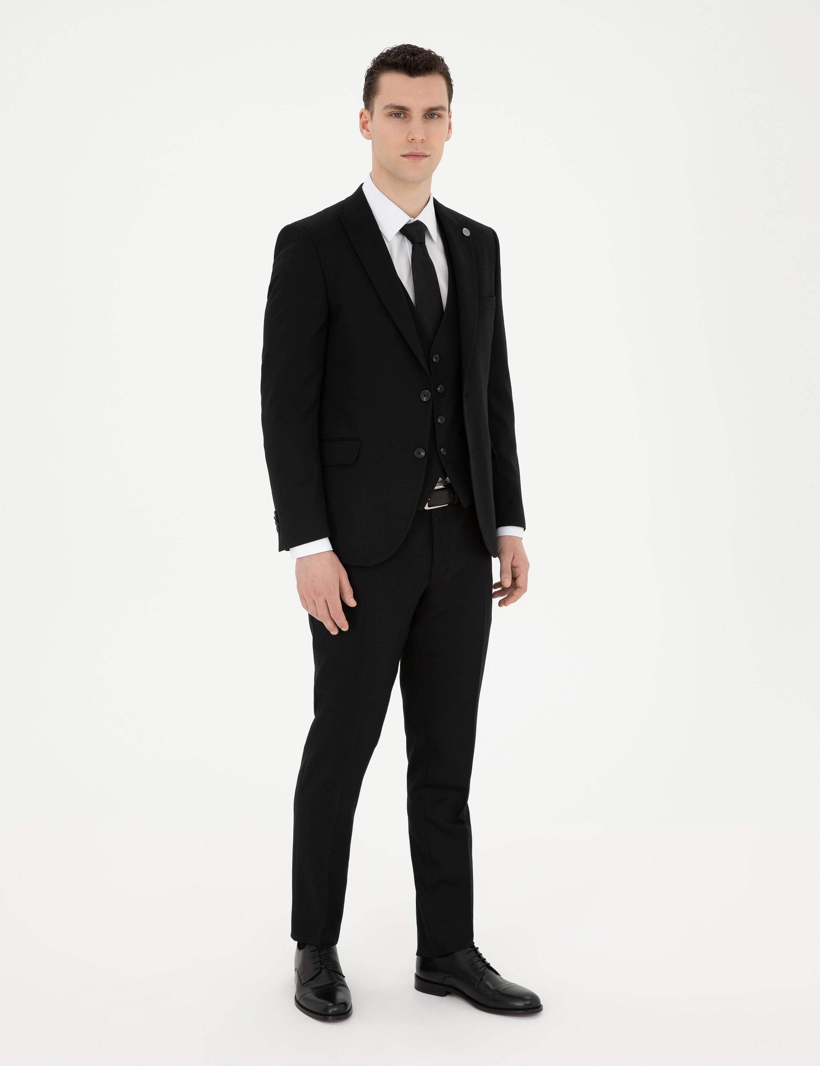 Siyah Ekstra Slim Fit Yelekli Takım Elbise