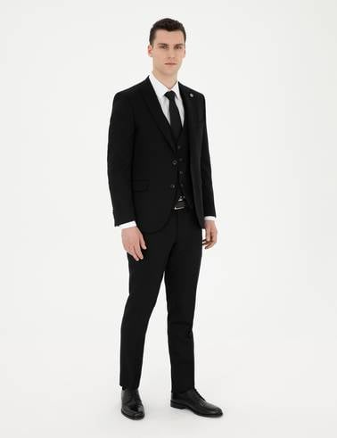 Siyah Ekstra Slim Fit Yelekli Takım Elbise
