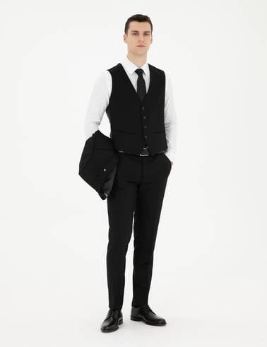Siyah Ekstra Slim Fit Yelekli Takım Elbise