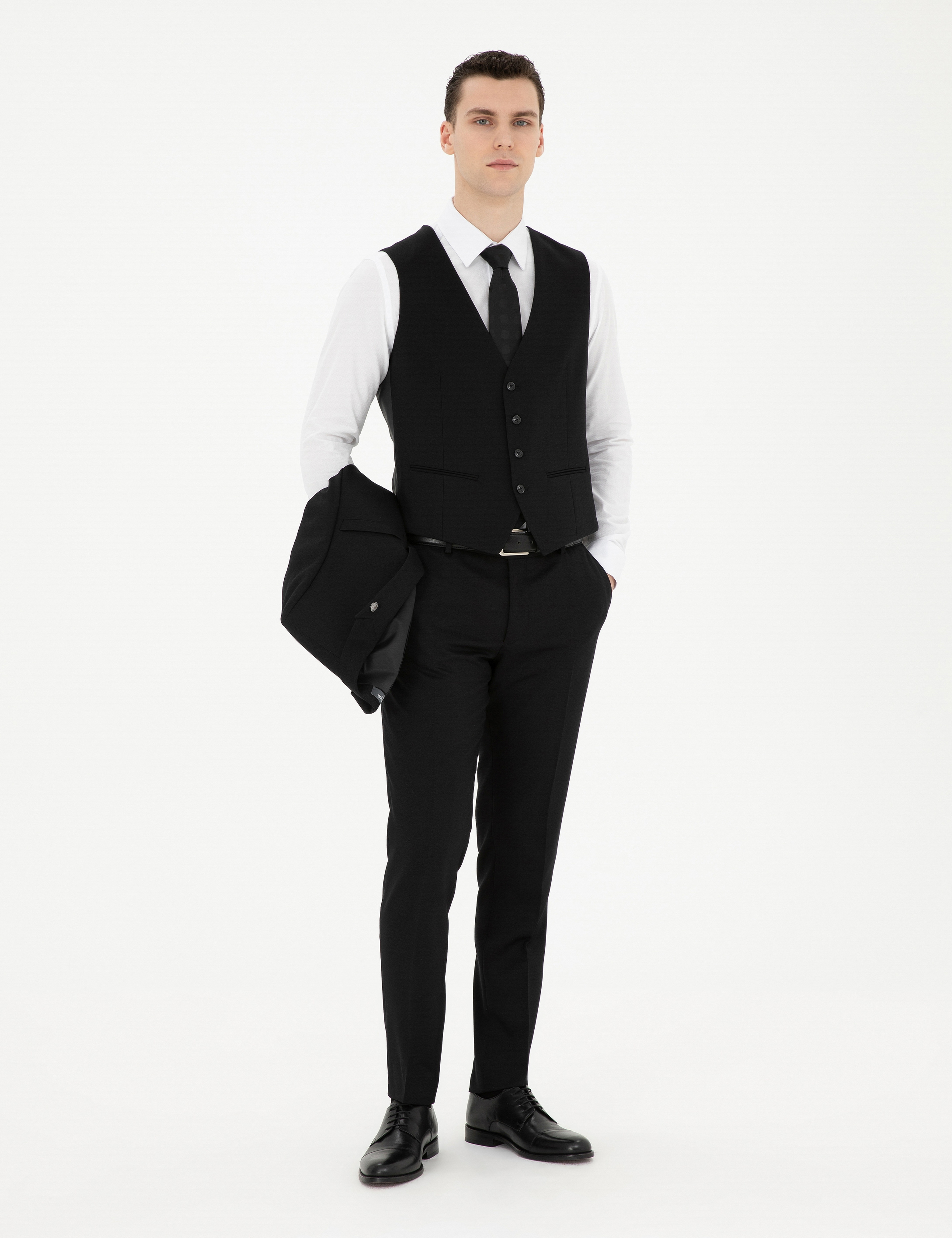 Siyah Ekstra Slim Fit Yelekli Takım Elbise
