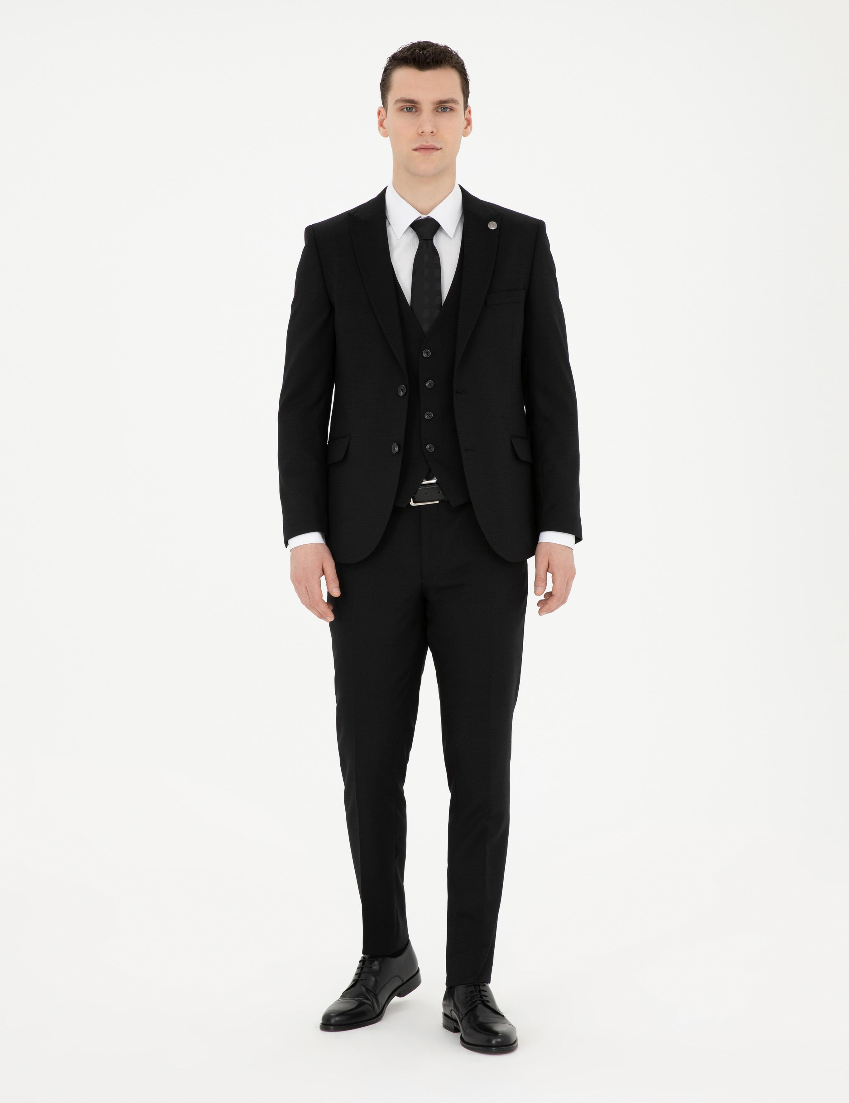 Siyah Ekstra Slim Fit Yelekli Takım Elbise