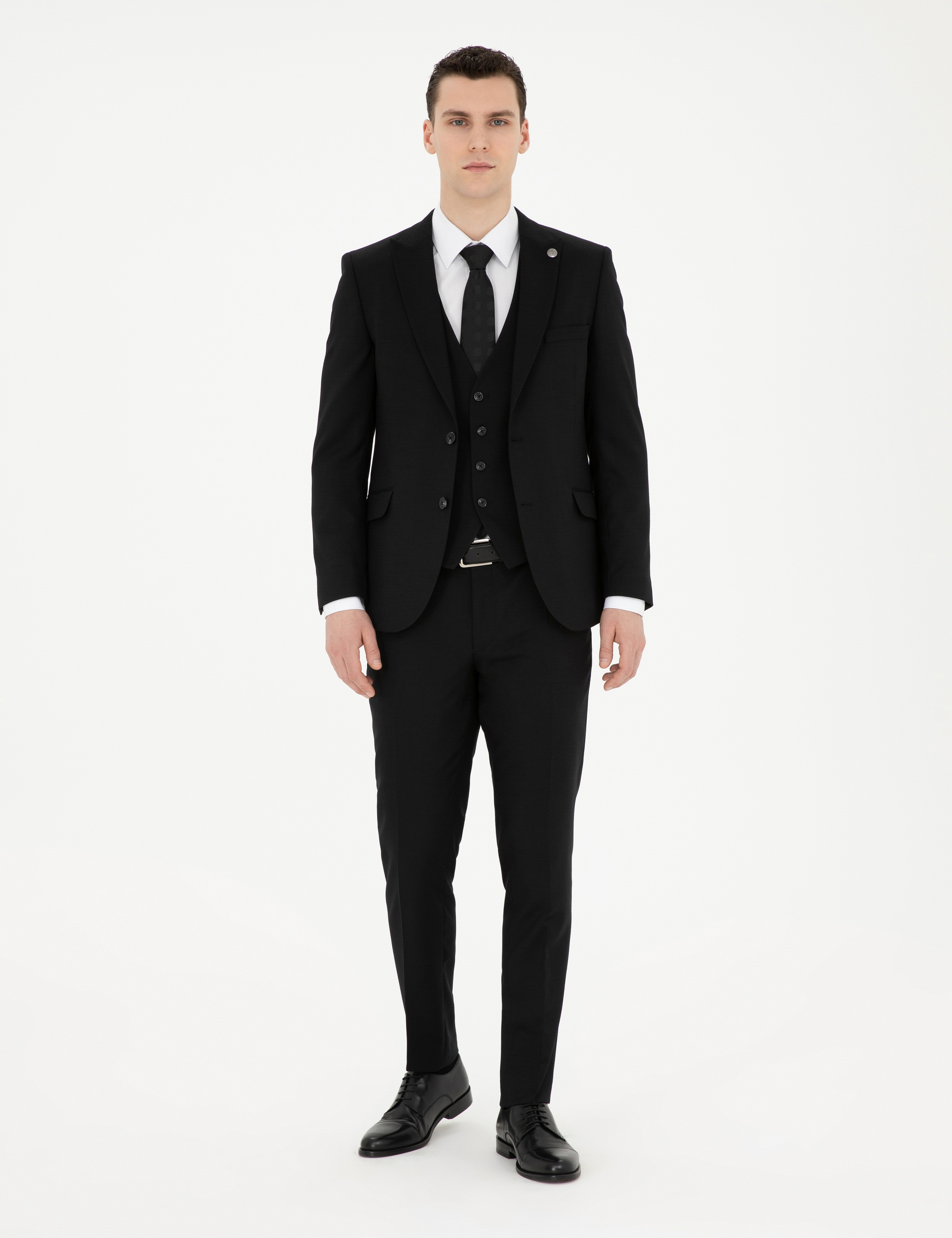 Siyah Ekstra Slim Fit Yelekli Takım Elbise - Image 1
