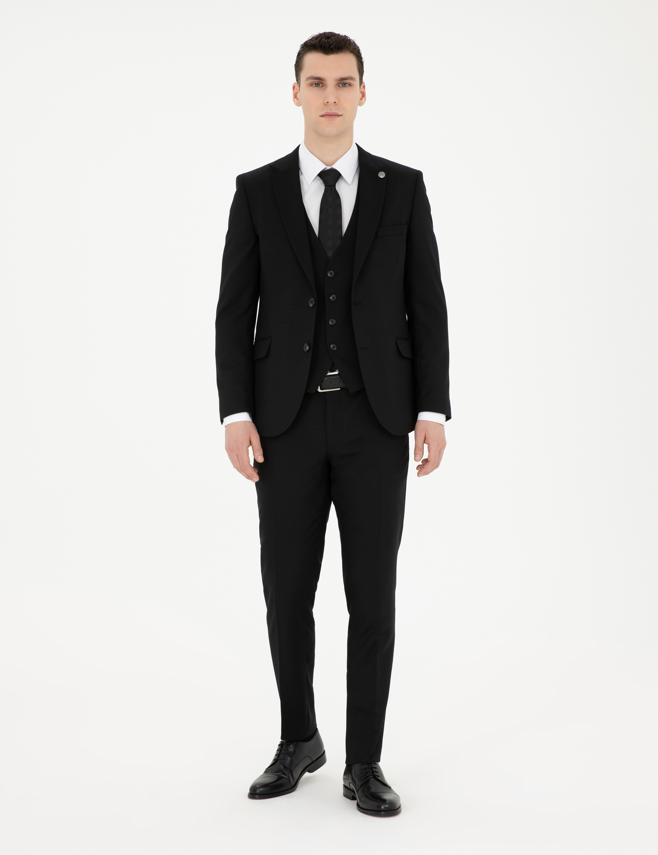 Siyah Ekstra Slim Fit Yelekli Takım Elbise