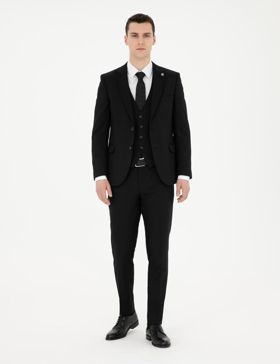 Siyah Ekstra Slim Fit Yelekli Takım Elbise