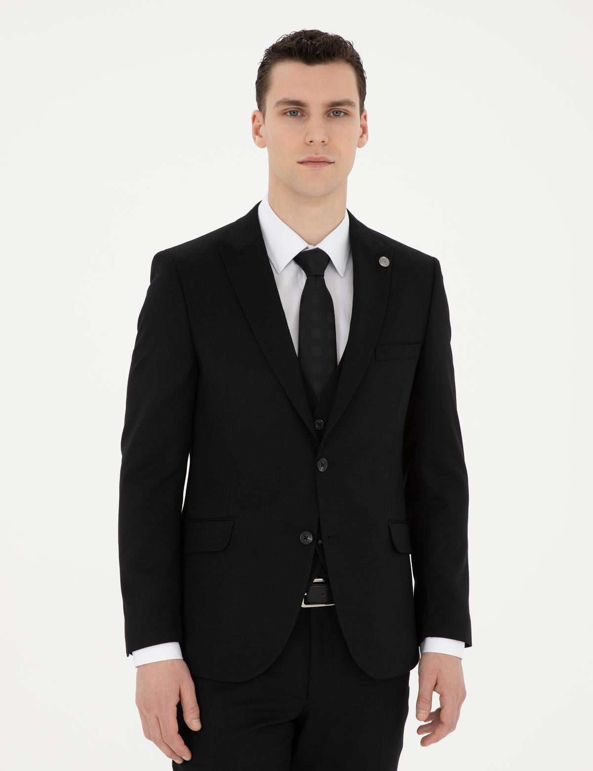 Siyah Ekstra Slim Fit Yelekli Takım Elbise - 50285274030