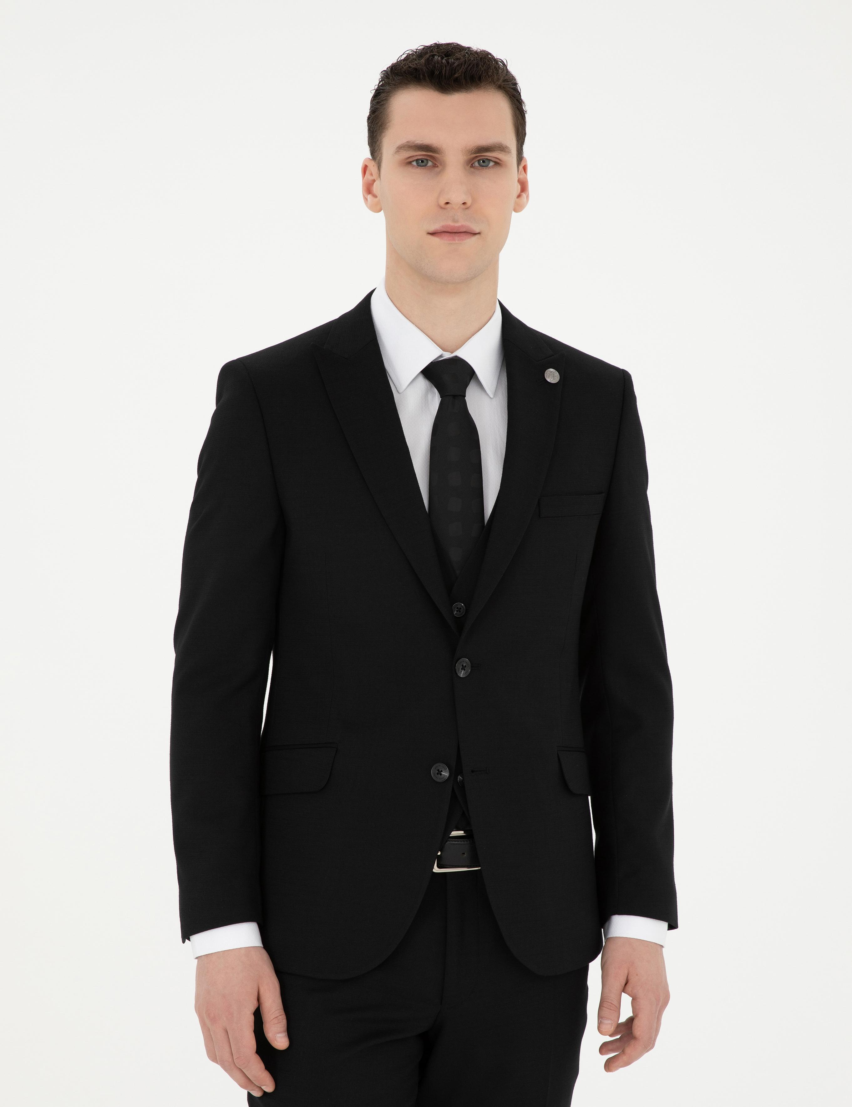 Siyah Ekstra Slim Fit Yelekli Takım Elbise