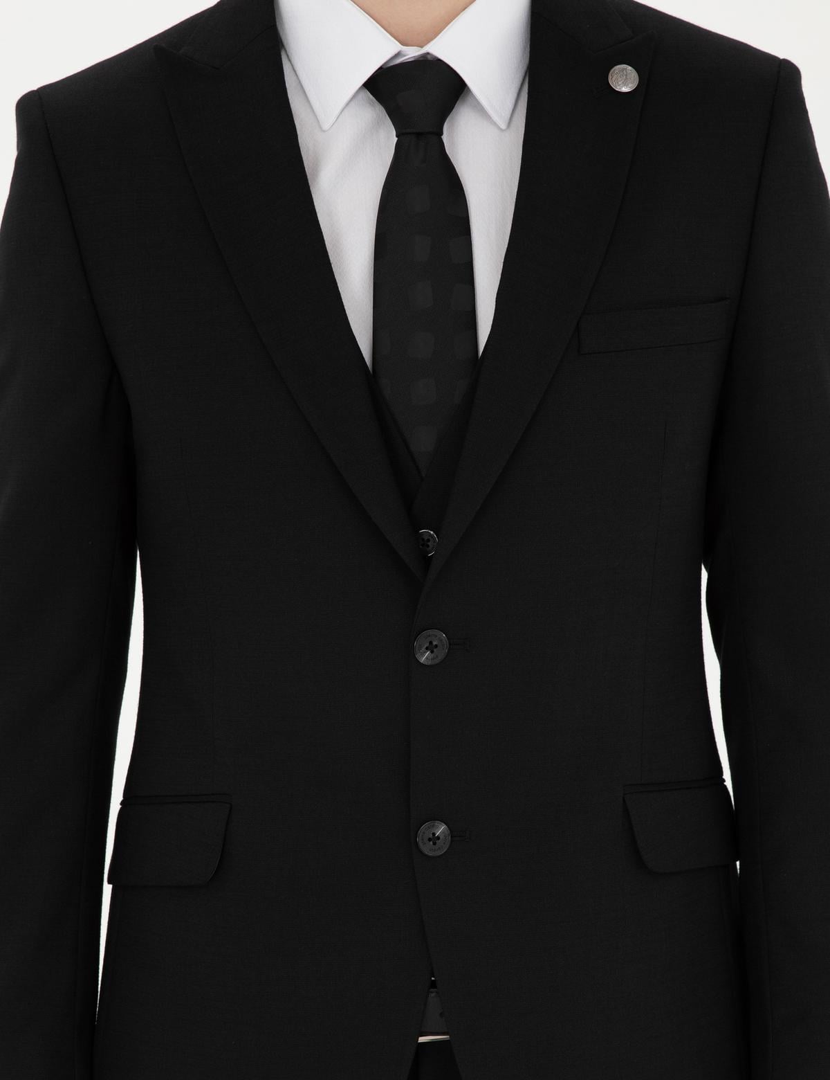 Siyah Ekstra Slim Fit Yelekli Takım Elbise - 50285274030