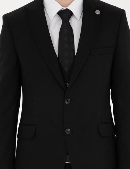 Siyah Ekstra Slim Fit Yelekli Takım Elbise - 50285274030
