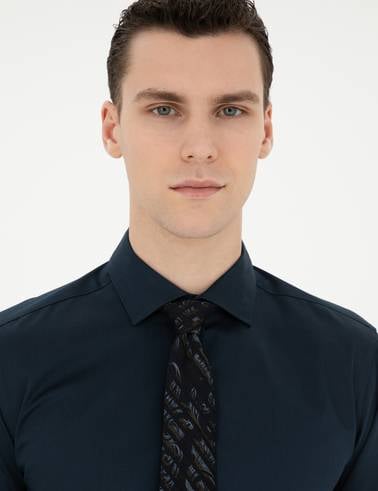 Lacivert Likralı Kolay Ütülenebilir Ekstra Slim Fit Basic Gömlek