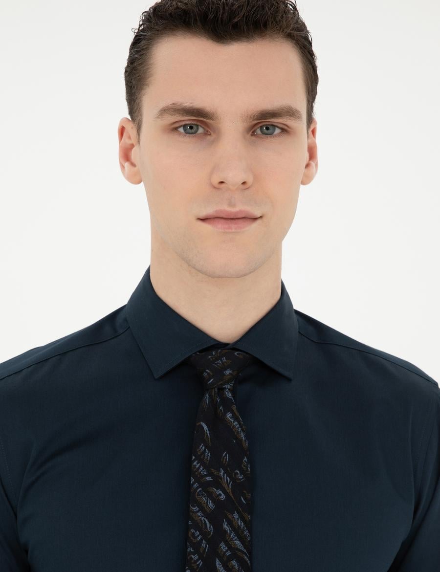 Lacivert Likralı Kolay Ütülenebilir Ex. Slim Fit Basic Gömlek