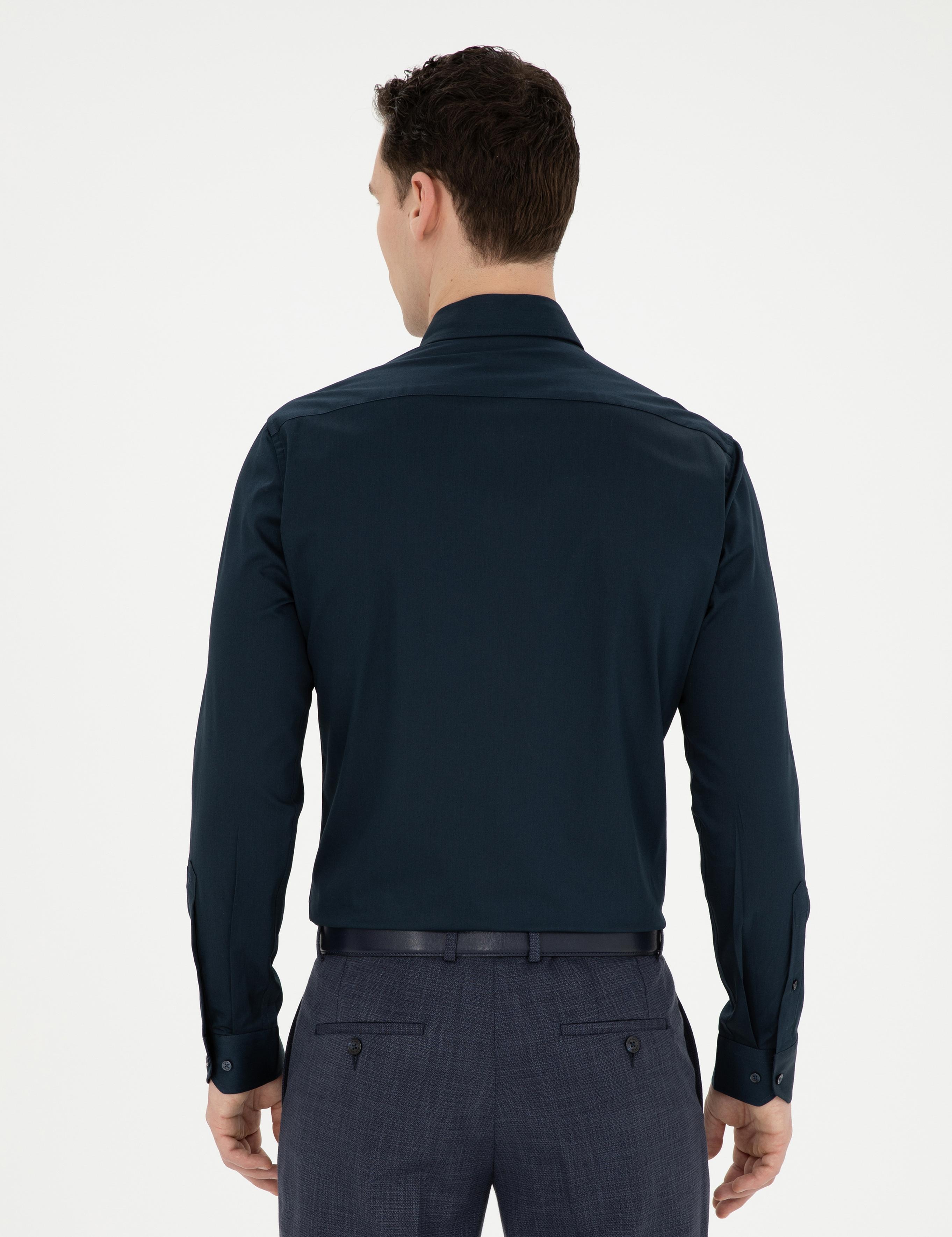 Lacivert Likralı Kolay Ütülenebilir Ex. Slim Fit Basic Gömlek