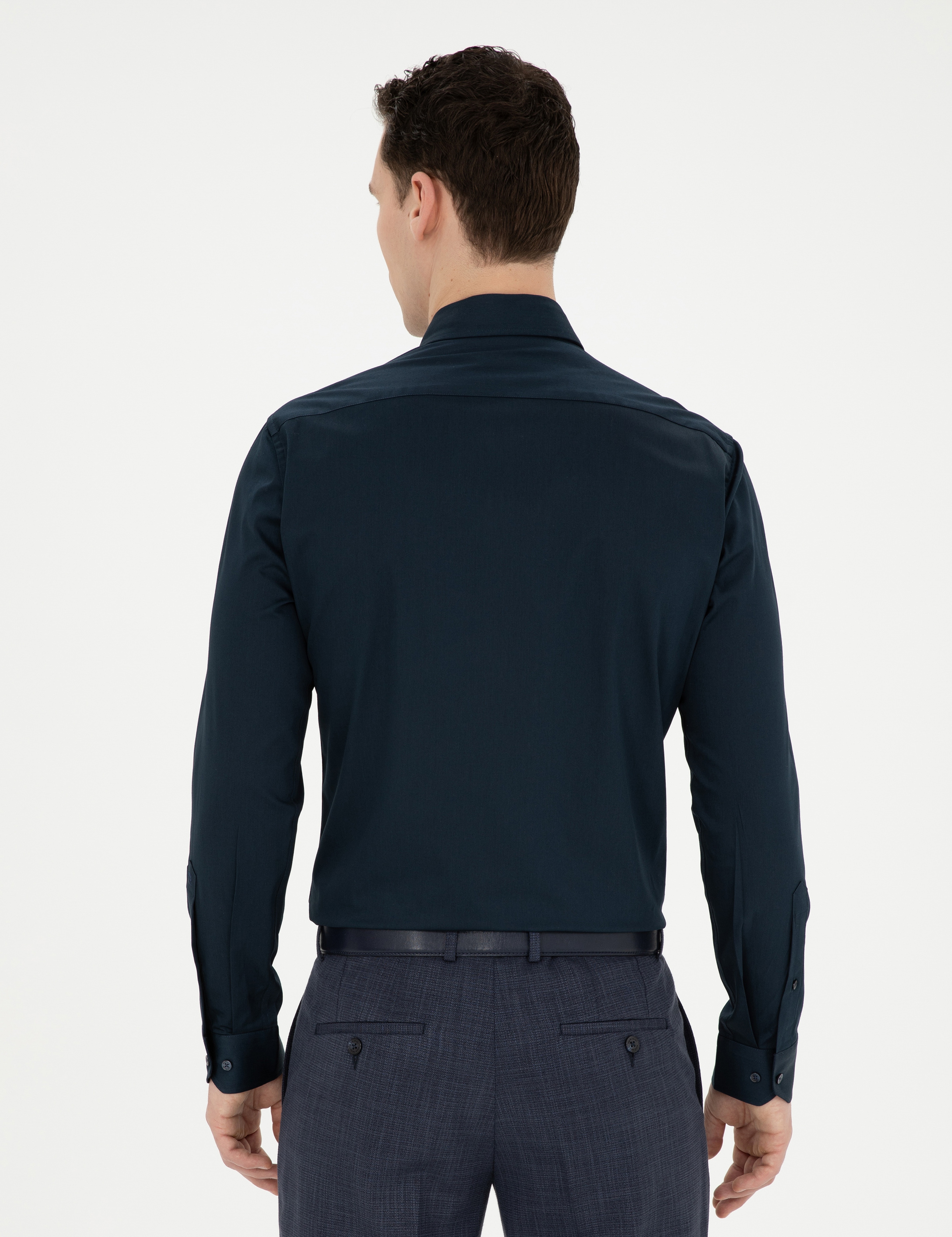 Lacivert Likralı Kolay Ütülenebilir Ekstra Slim Fit Basic Gömlek - Image 5