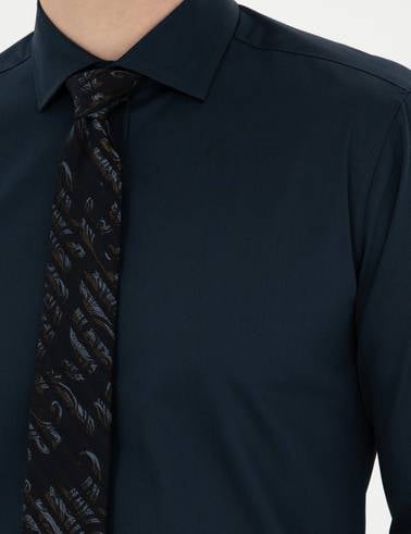 Lacivert Likralı Kolay Ütülenebilir Ekstra Slim Fit Basic Gömlek