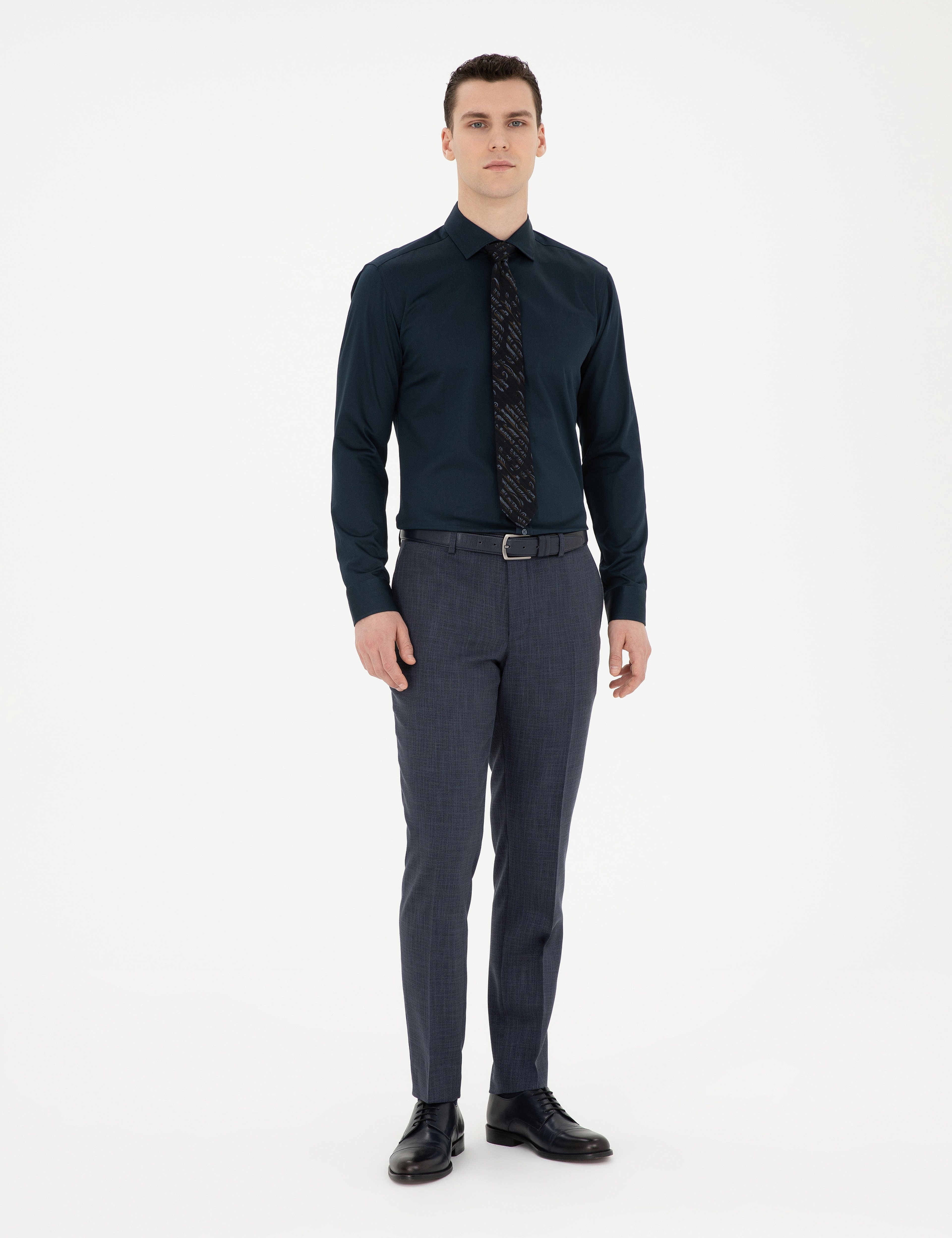Lacivert Likralı Kolay Ütülenebilir Ekstra Slim Fit Basic Gömlek - Image 4
