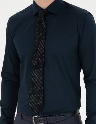 Lacivert Likralı Kolay Ütülenebilir Ekstra Slim Fit Basic Gömlek