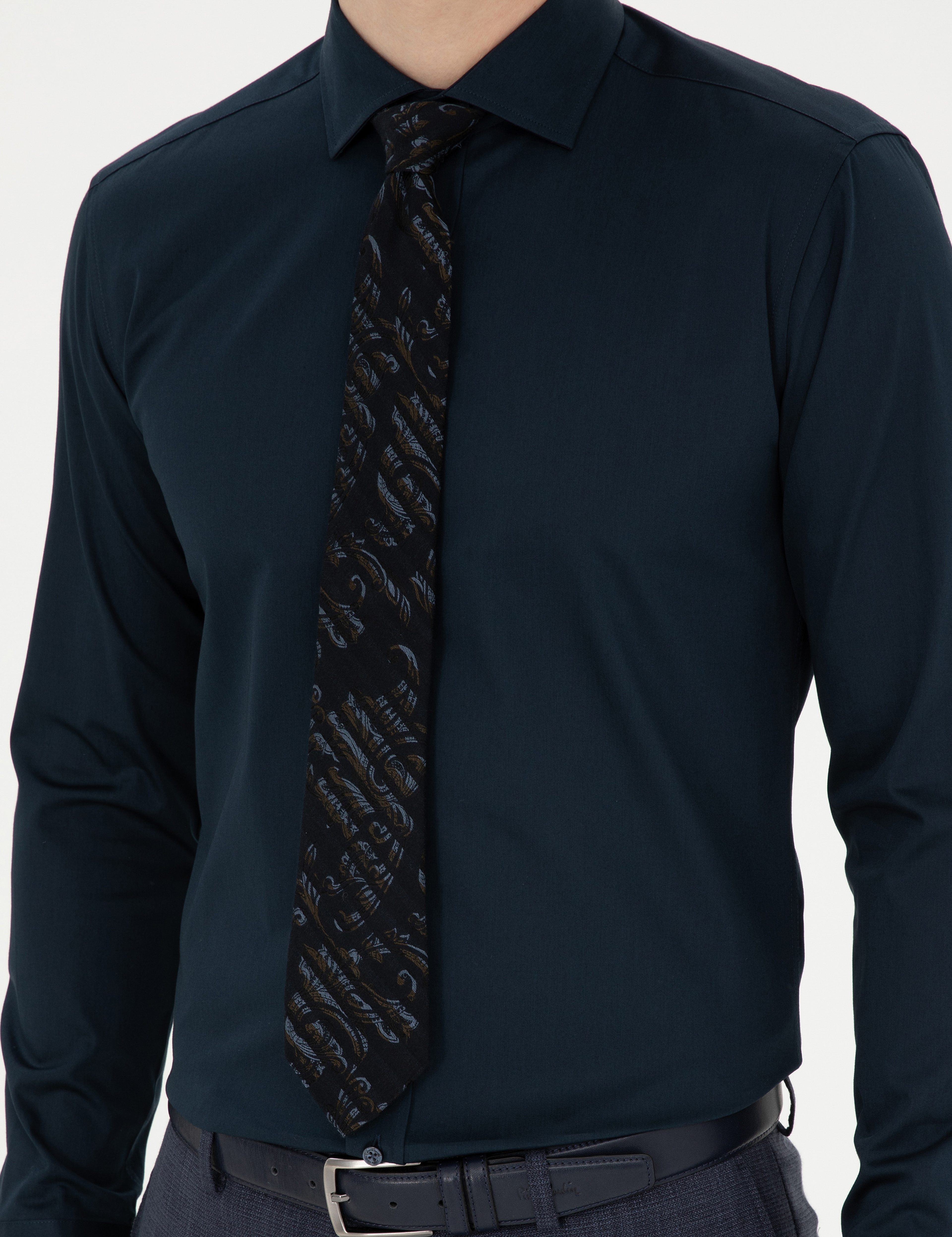 Lacivert Likralı Kolay Ütülenebilir Ekstra Slim Fit Basic Gömlek - Image 6