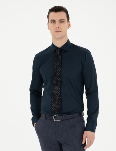 Lacivert Likralı Kolay Ütülenebilir Ekstra Slim Fit Basic Gömlek
