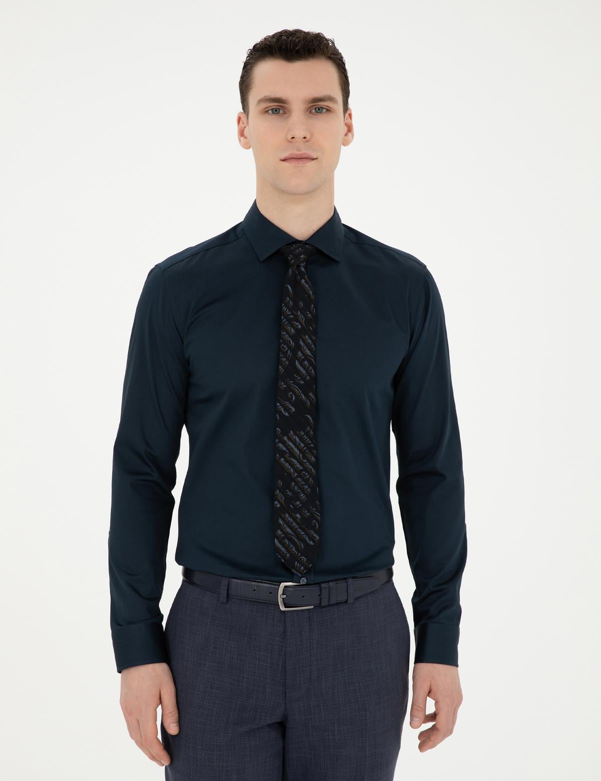 Lacivert Likralı Kolay Ütülenebilir Ex. Slim Fit Basic Gömlek - 50286402018