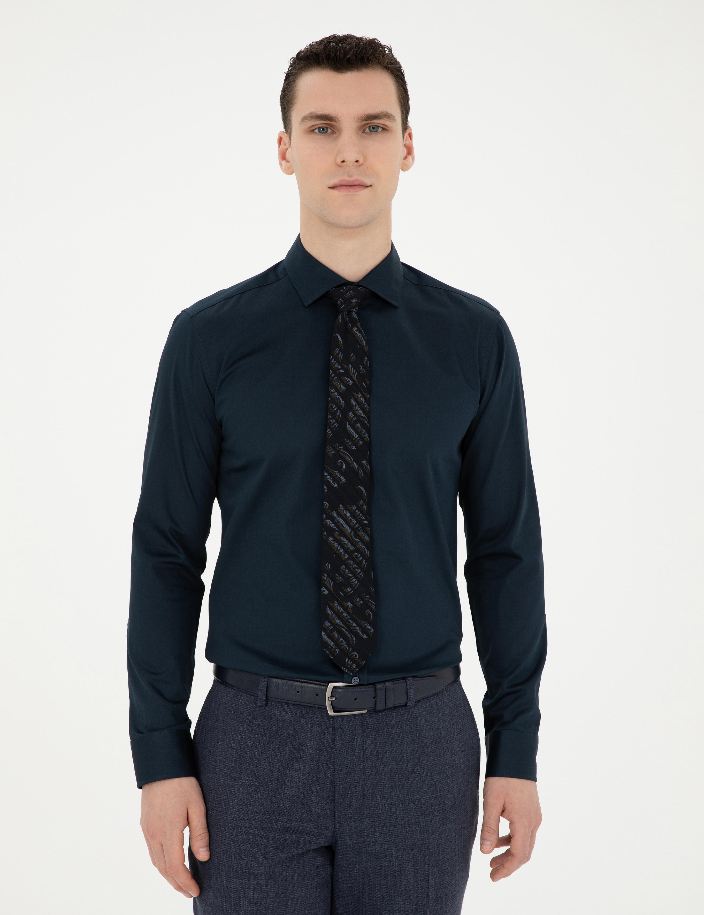 Lacivert Likralı Kolay Ütülenebilir Ex. Slim Fit Basic Gömlek