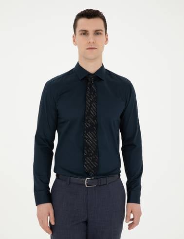 Lacivert Likralı Kolay Ütülenebilir Ekstra Slim Fit Basic Gömlek