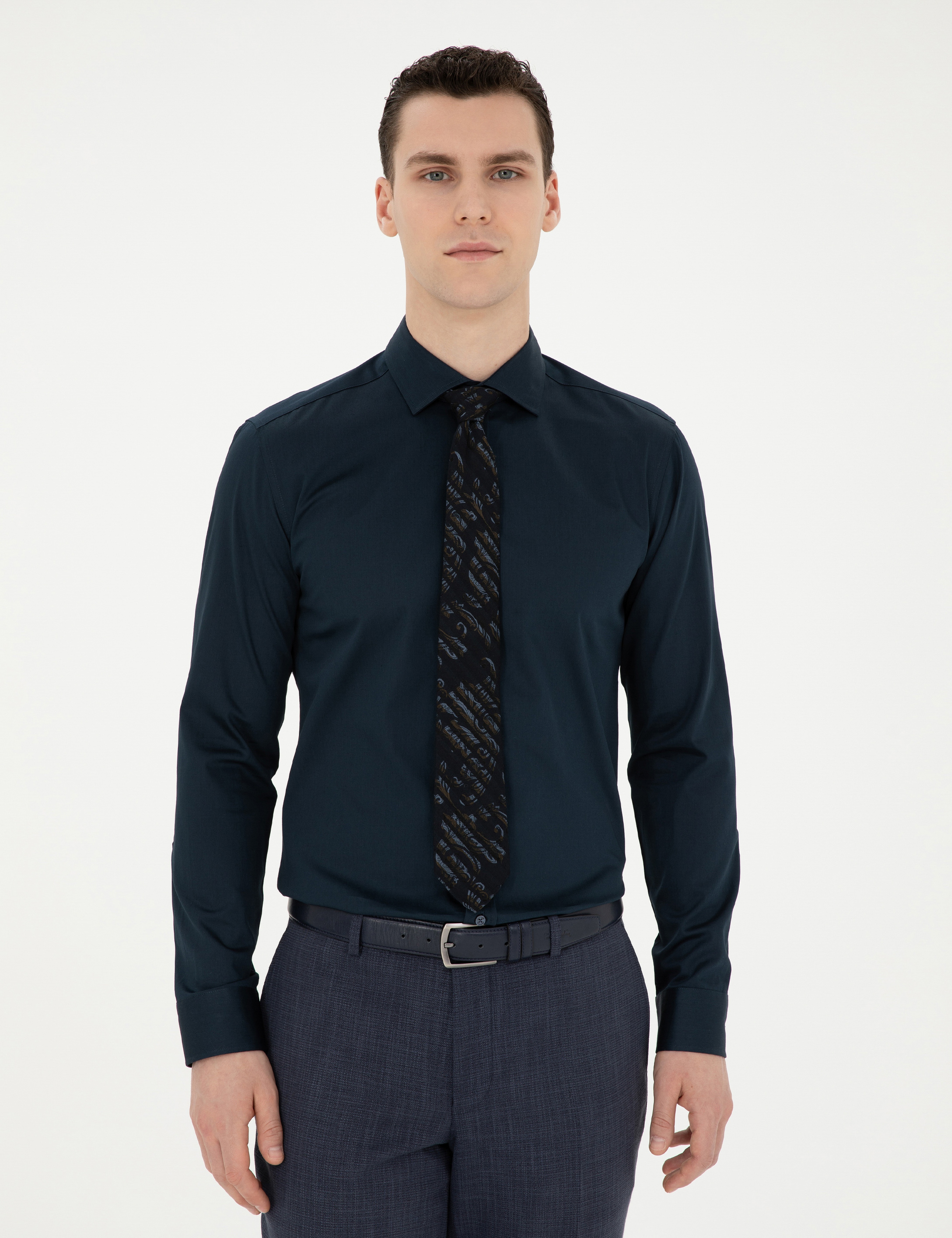 Lacivert Likralı Kolay Ütülenebilir Ekstra Slim Fit Basic Gömlek - Image 3