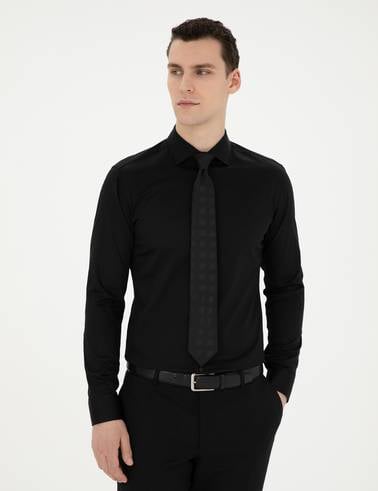 Siyah Likralı Kolay Ütülenebilir Ekstra Slim Fit Basic Gömlek