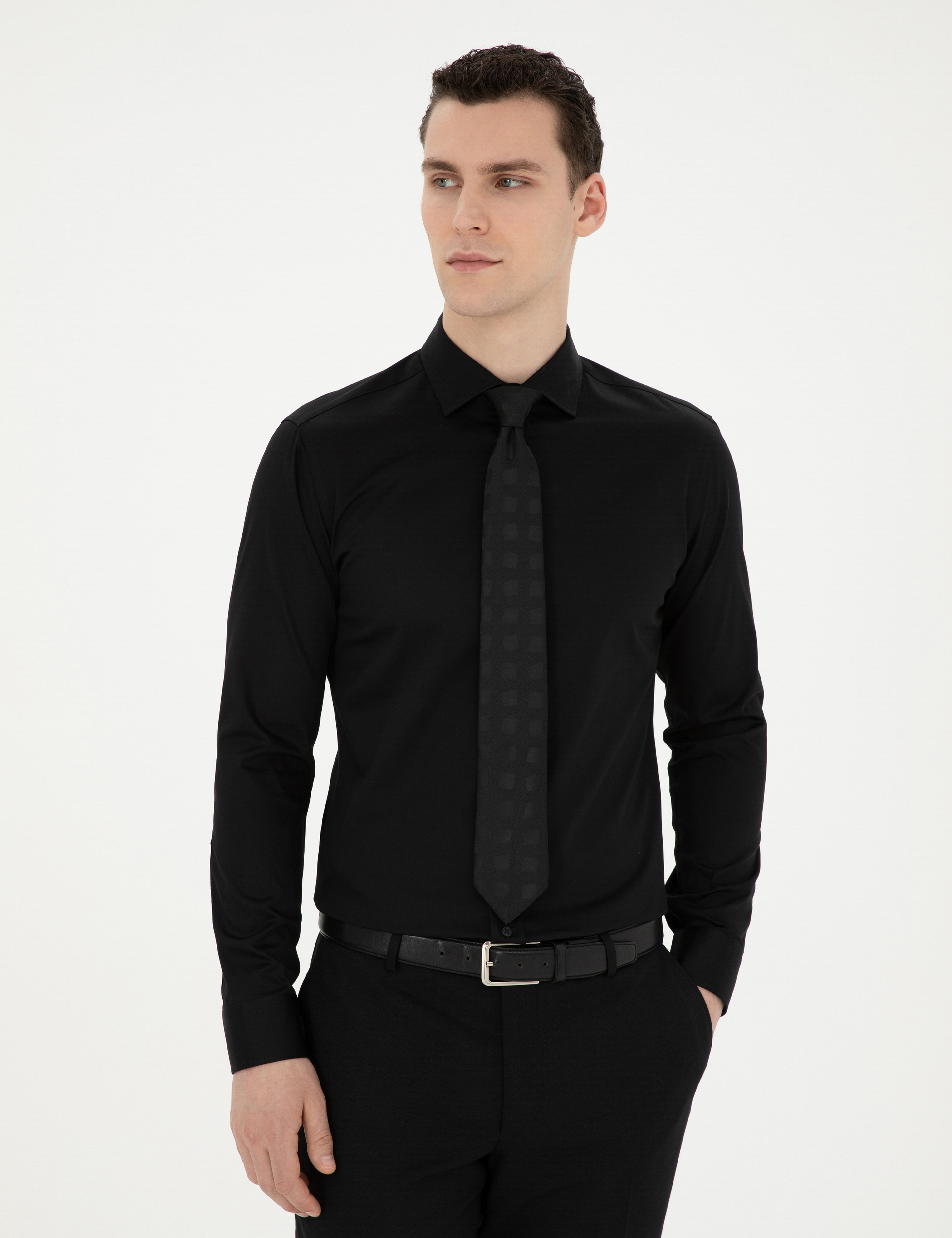 Siyah Likralı Kolay Ütülenebilir Ekstra Slim Fit Basic Gömlek
