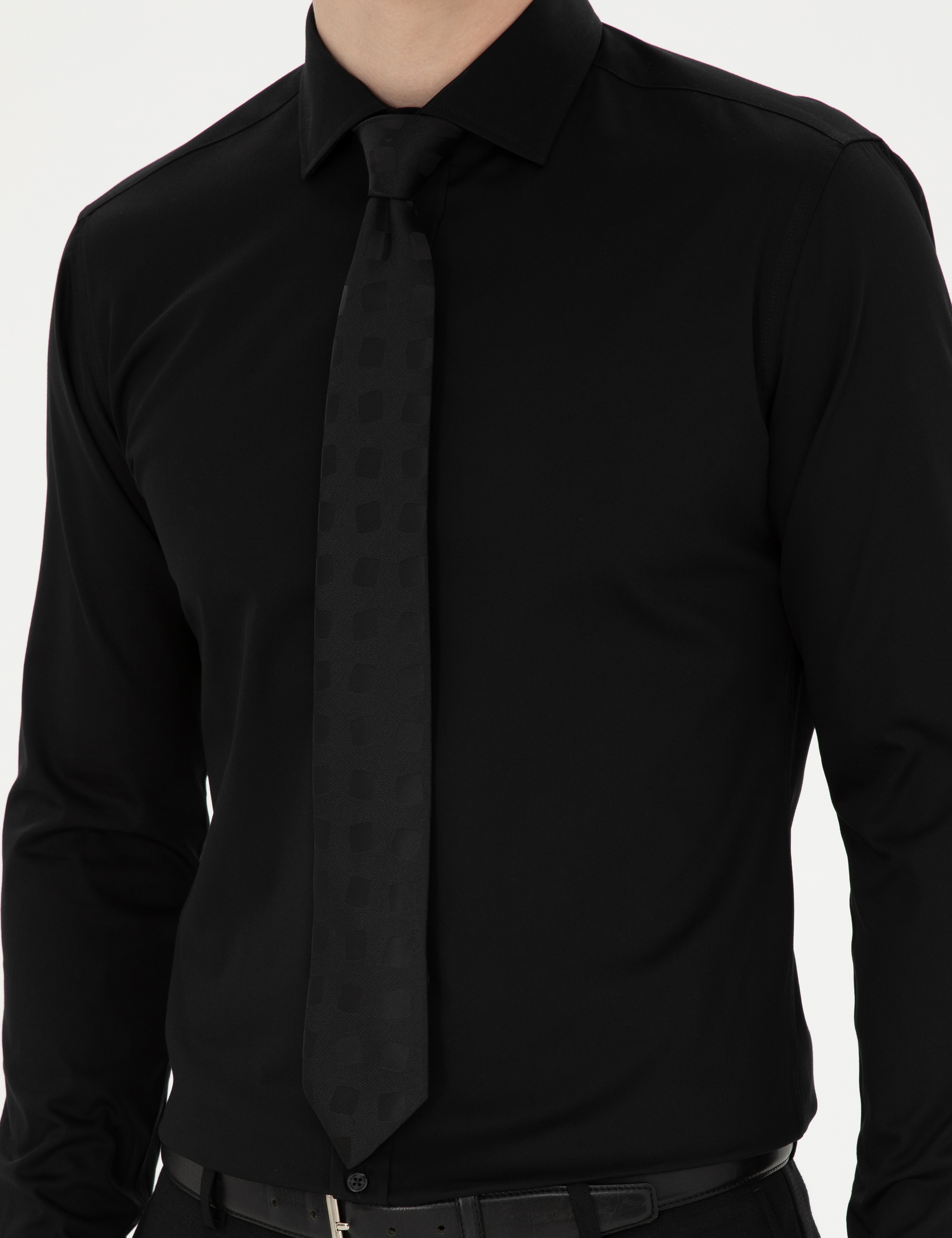 Siyah Likralı Kolay Ütülenebilir Ekstra Slim Fit Basic Gömlek - Image 6