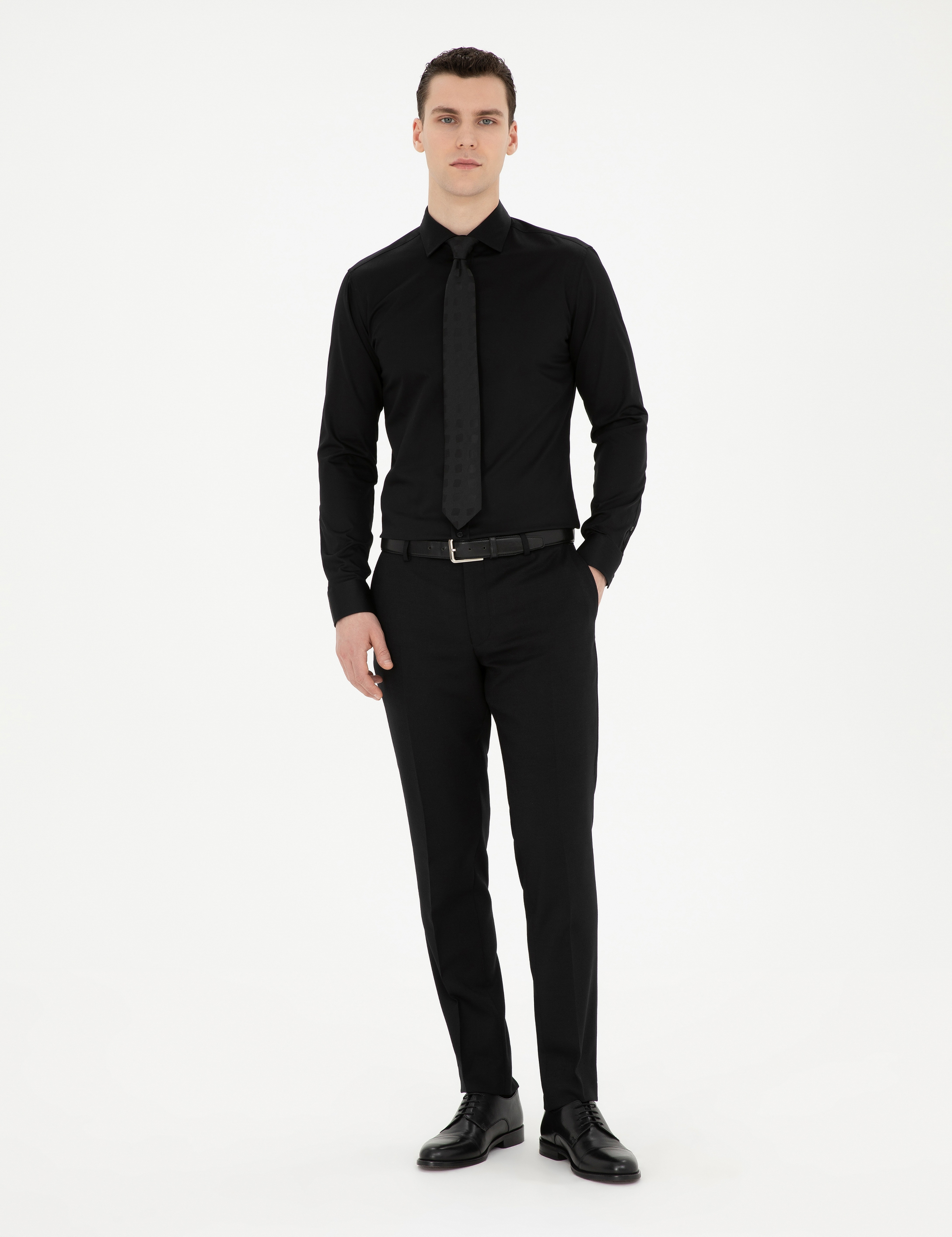 Siyah Likralı Kolay Ütülenebilir Ekstra Slim Fit Basic Gömlek - Image 4