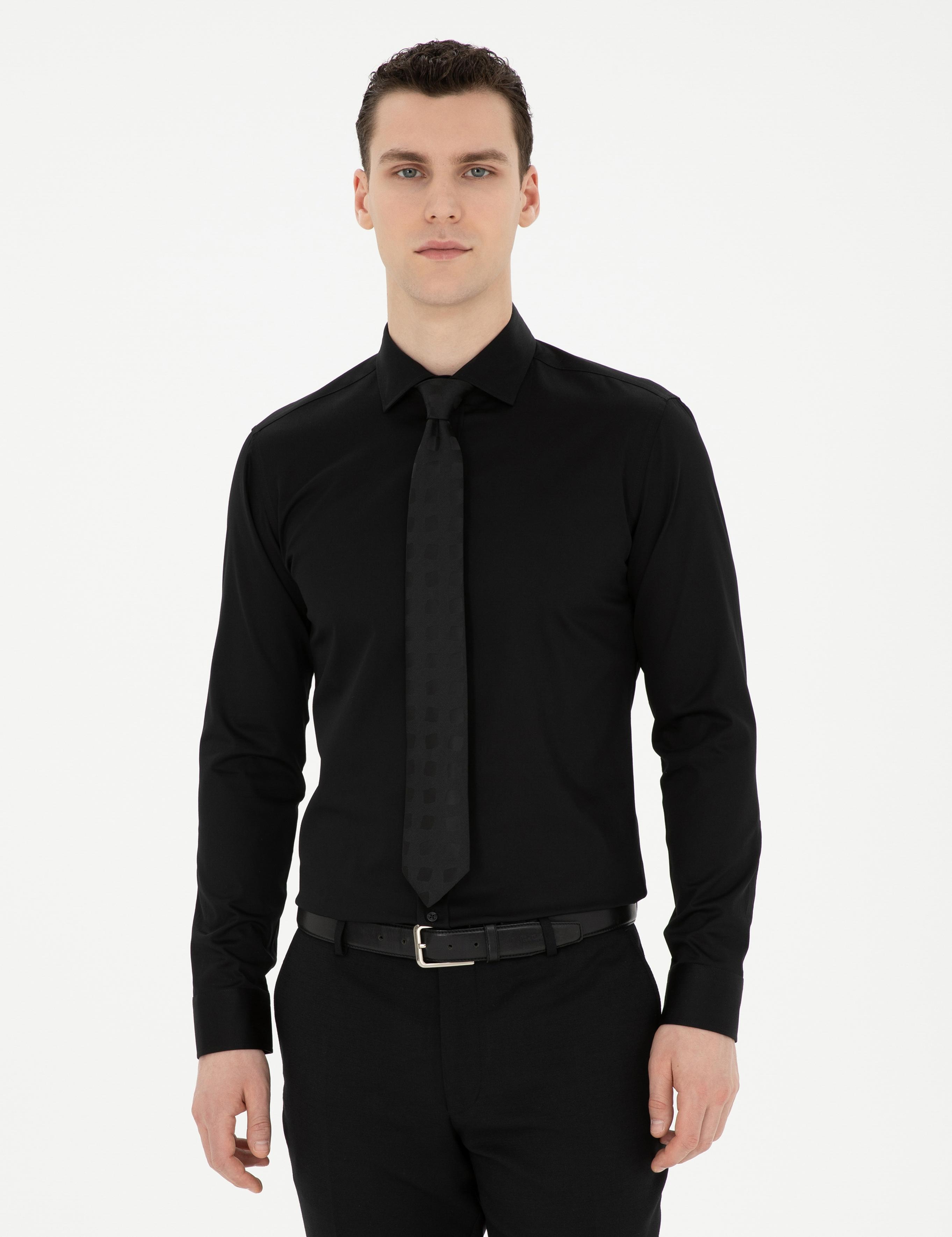 Siyah Likralı Kolay Ütülenebilir Ex. Slim Fit Basic Gömlek