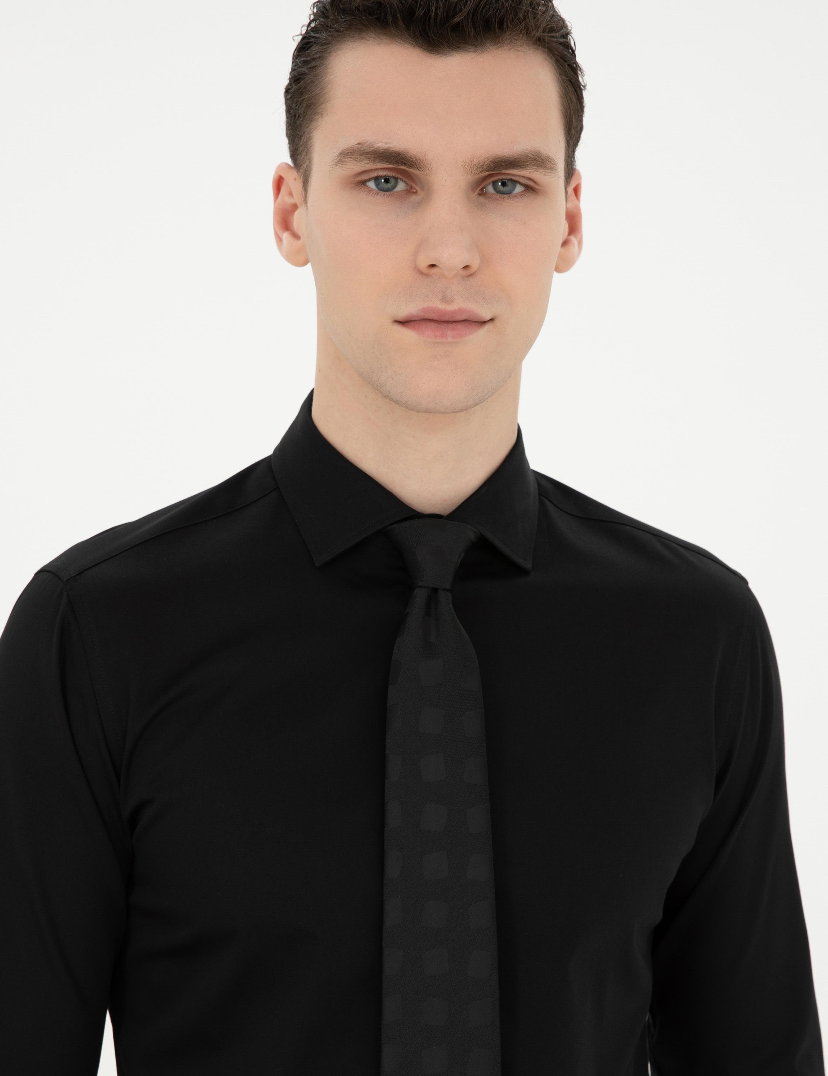 Siyah Likralı Kolay Ütülenebilir Ex. Slim Fit Basic Gömlek