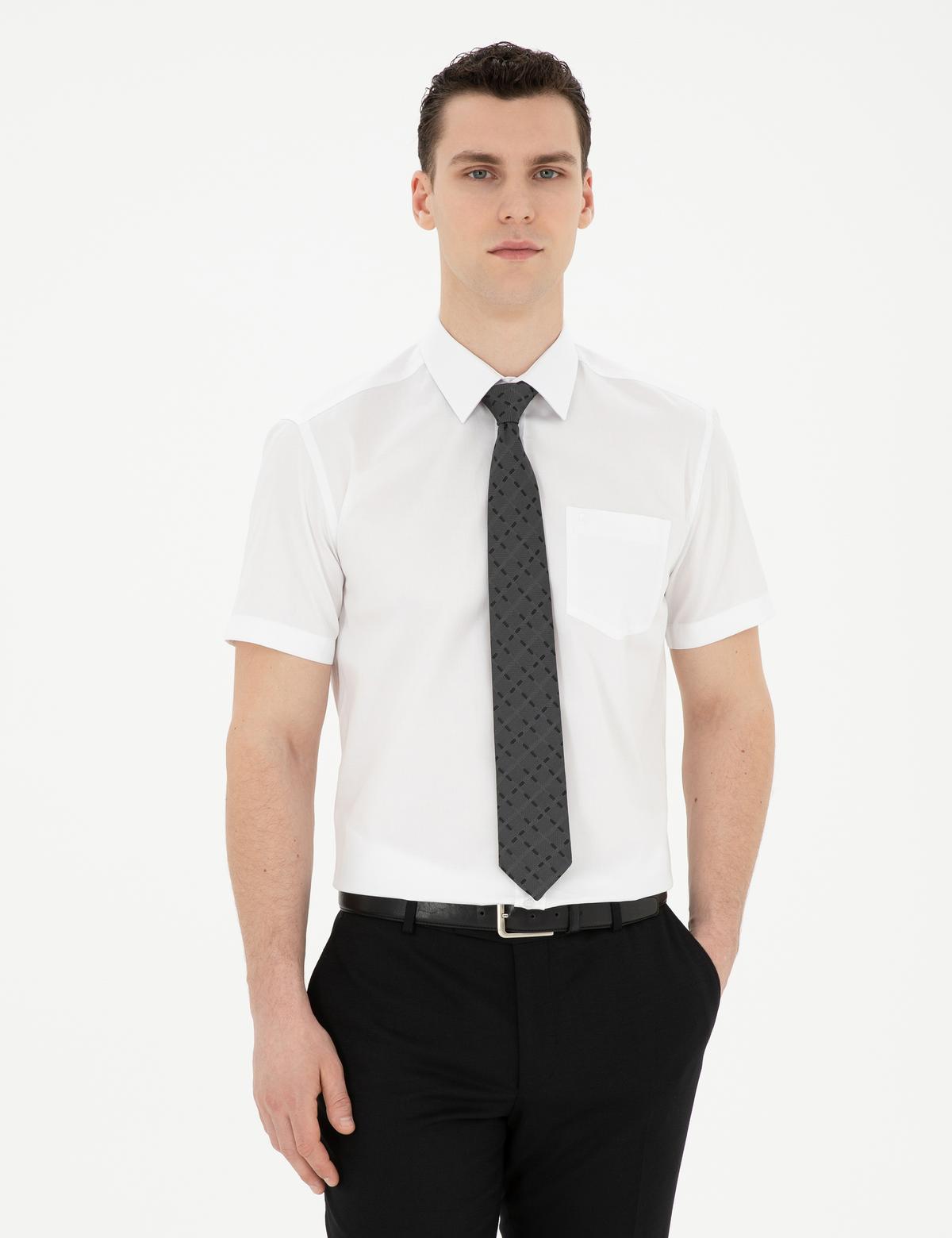 Beyaz Parlak Saten Regular Fit Kısa Kollu Basic Gömlek