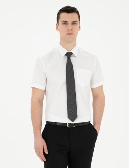 Beyaz Parlak Saten Regular Fit Kısa Kollu Basic Gömlek - 50286403016