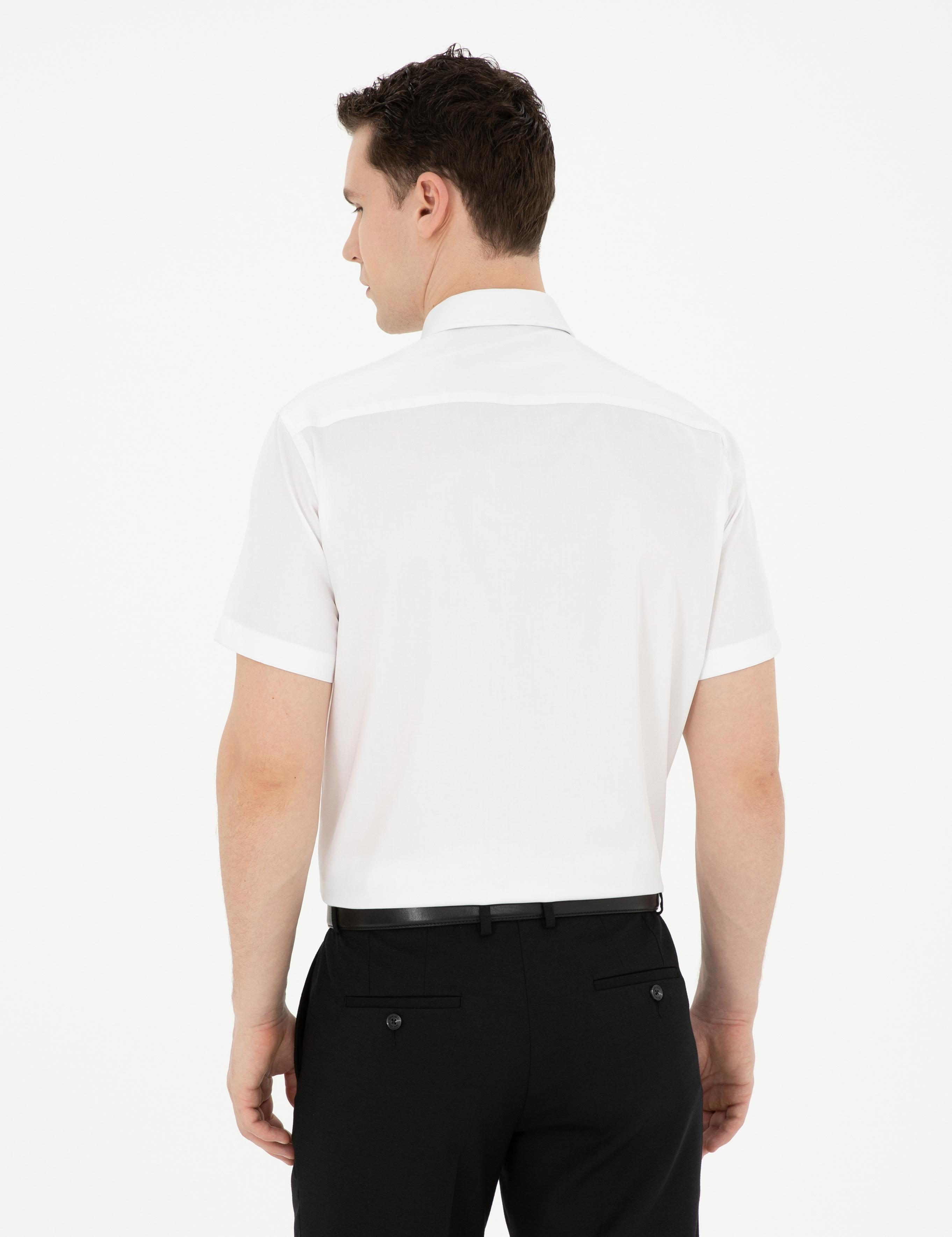 Beyaz Parlak Saten Regular Fit Kısa Kollu Basic Gömlek