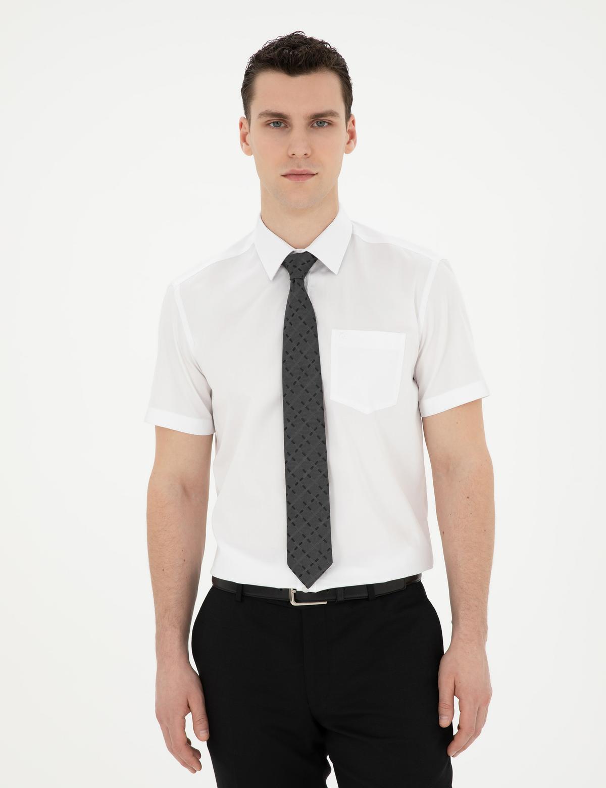 Beyaz Parlak Saten Regular Fit Kısa Kollu Basic Gömlek - 50286403016