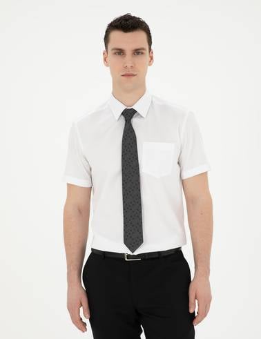 Beyaz %100 Pamuk Parlak Saten Regular Fit Kısa Kollu Basic Gömlek