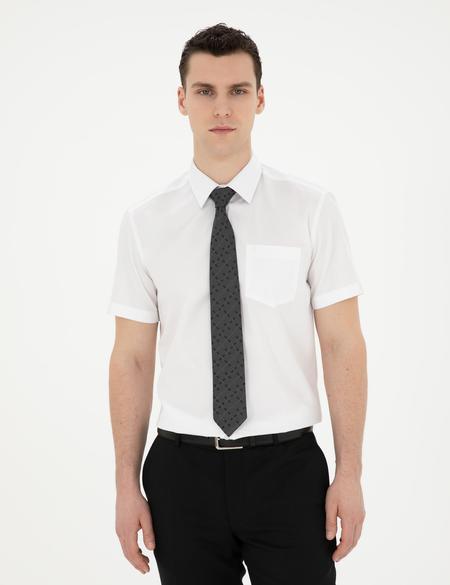 Beyaz Parlak Saten Regular Fit Kısa Kollu Basic Gömlek - 50286403016