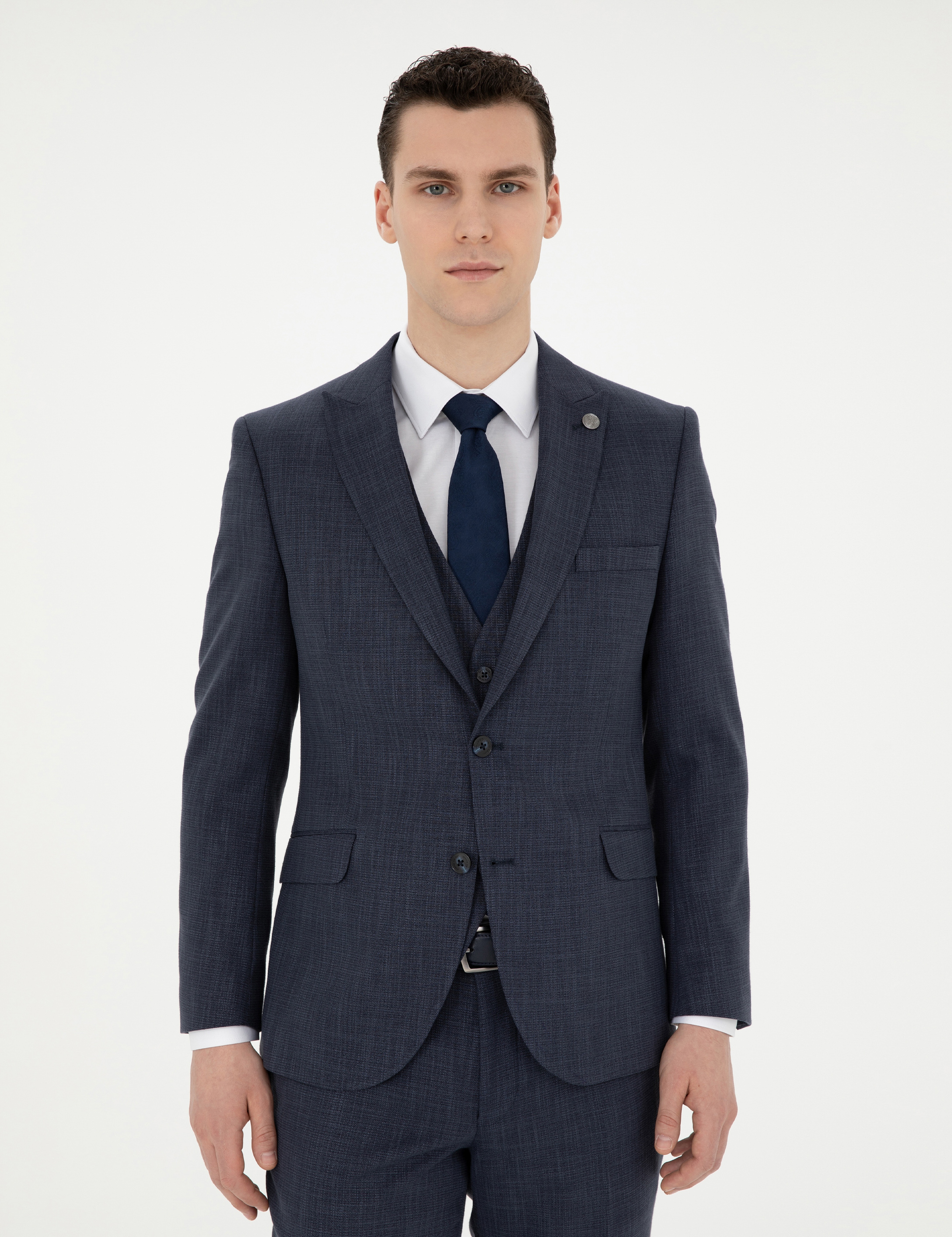Lacivert Ekstra Slim Fit Yelekli Takım Elbise - Image 4