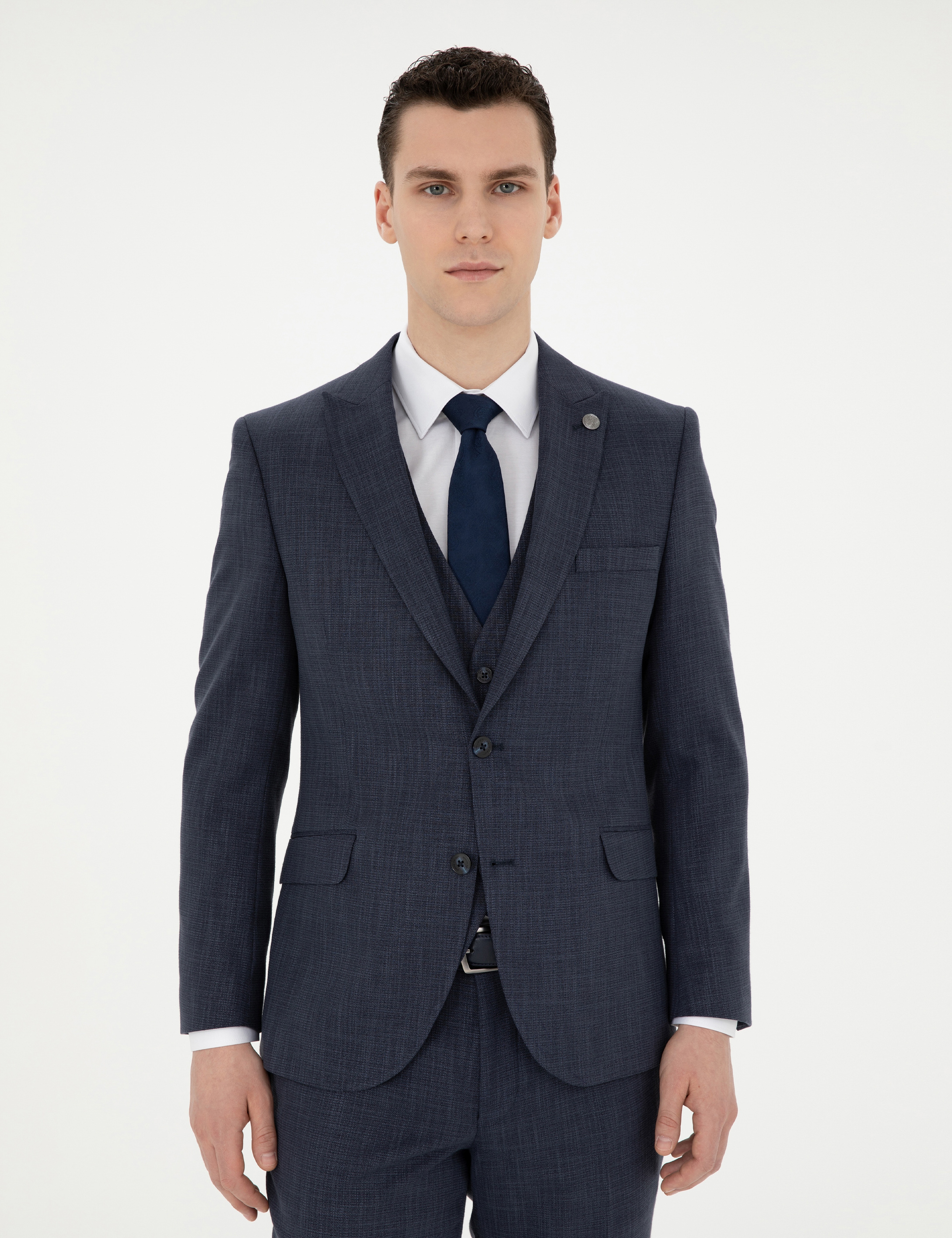 Lacivert Ekstra Slim Fit Yelekli Takım Elbise