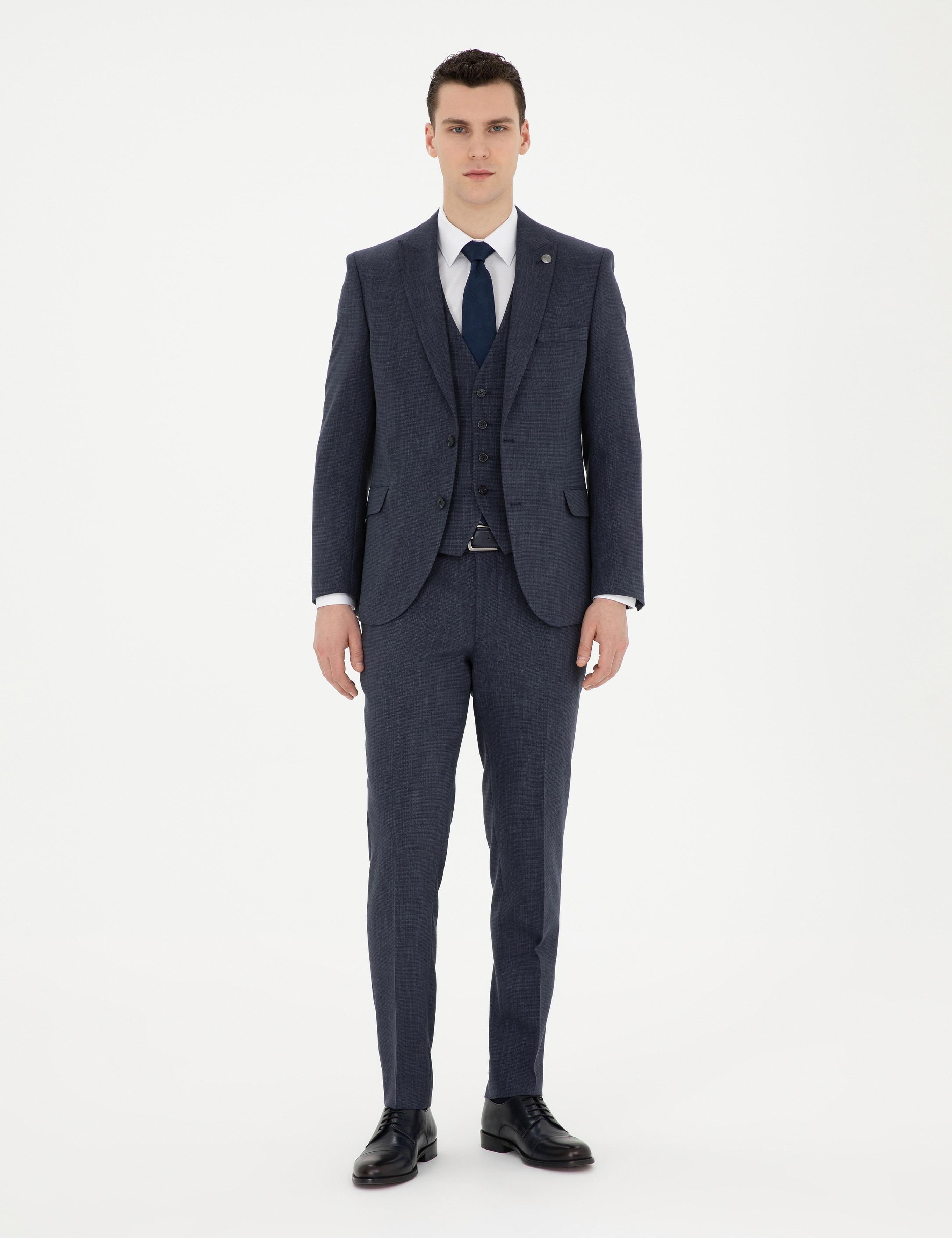 Lacivert Ekstra Slim Fit Yelekli Takım Elbise