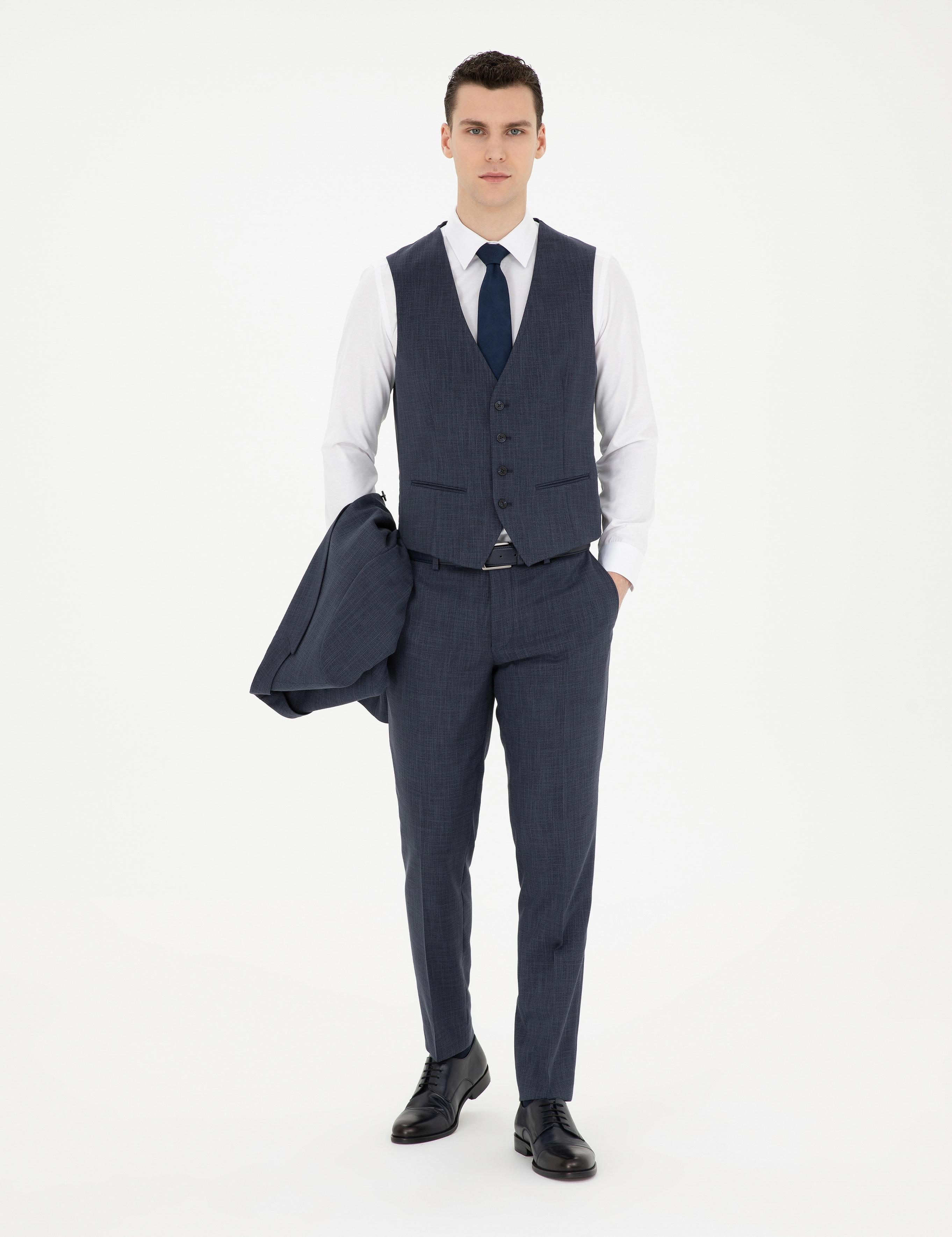 Lacivert Ekstra Slim Fit Yelekli Takım Elbise