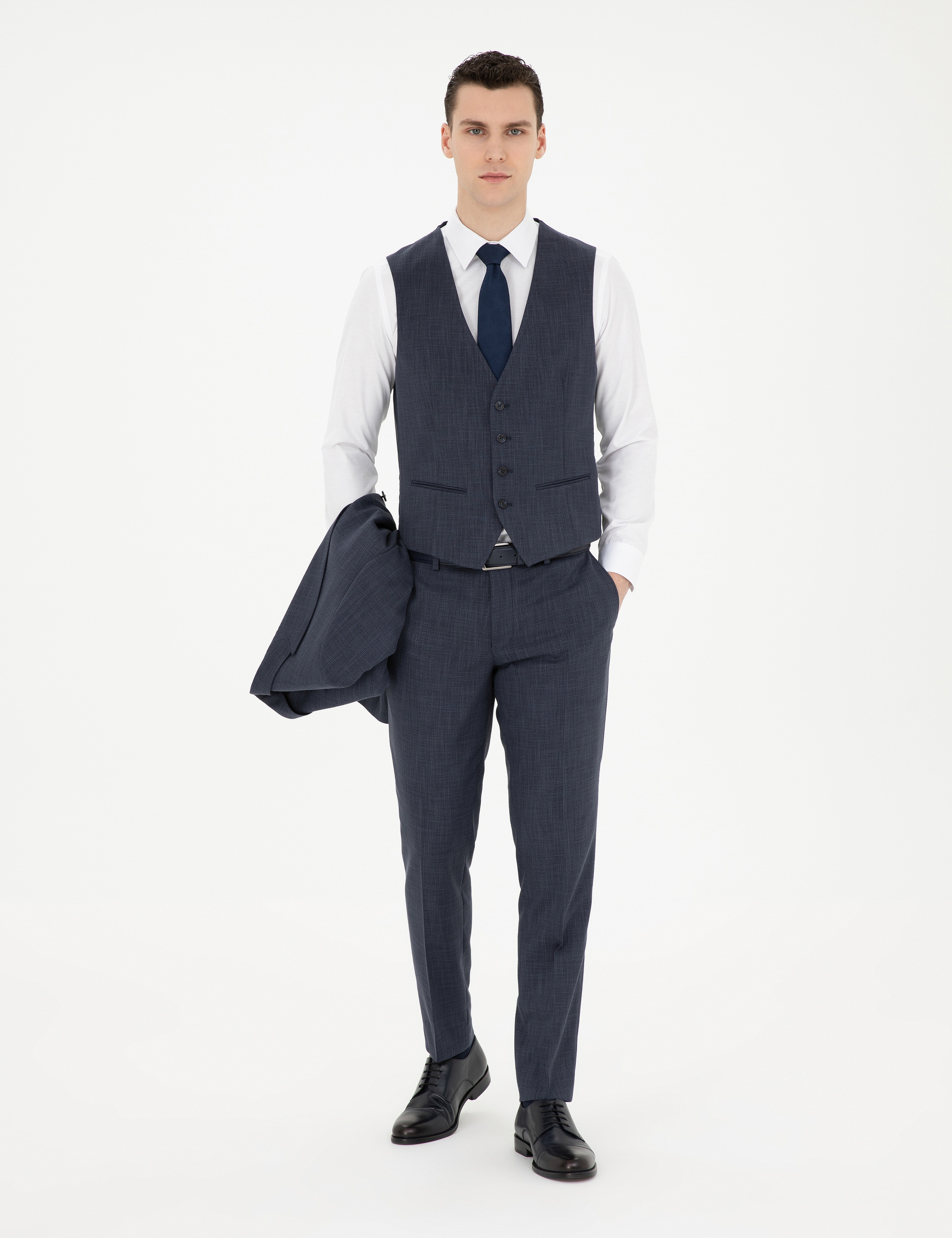 Lacivert Ekstra Slim Fit Yelekli Takım Elbise