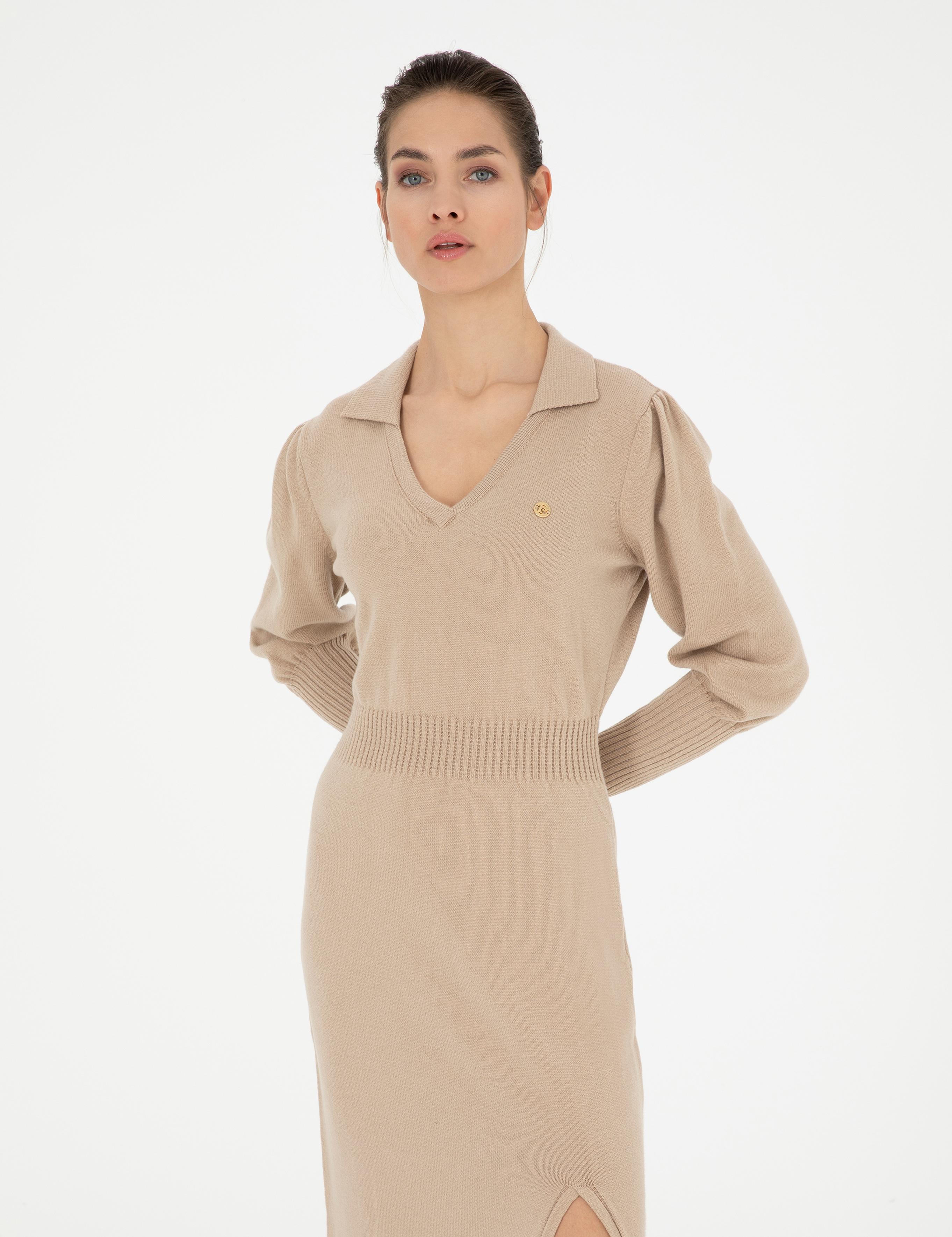 Krem Regular Fit Triko Elbise