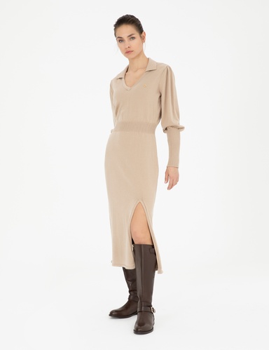Krem Regular Fit Triko Elbise