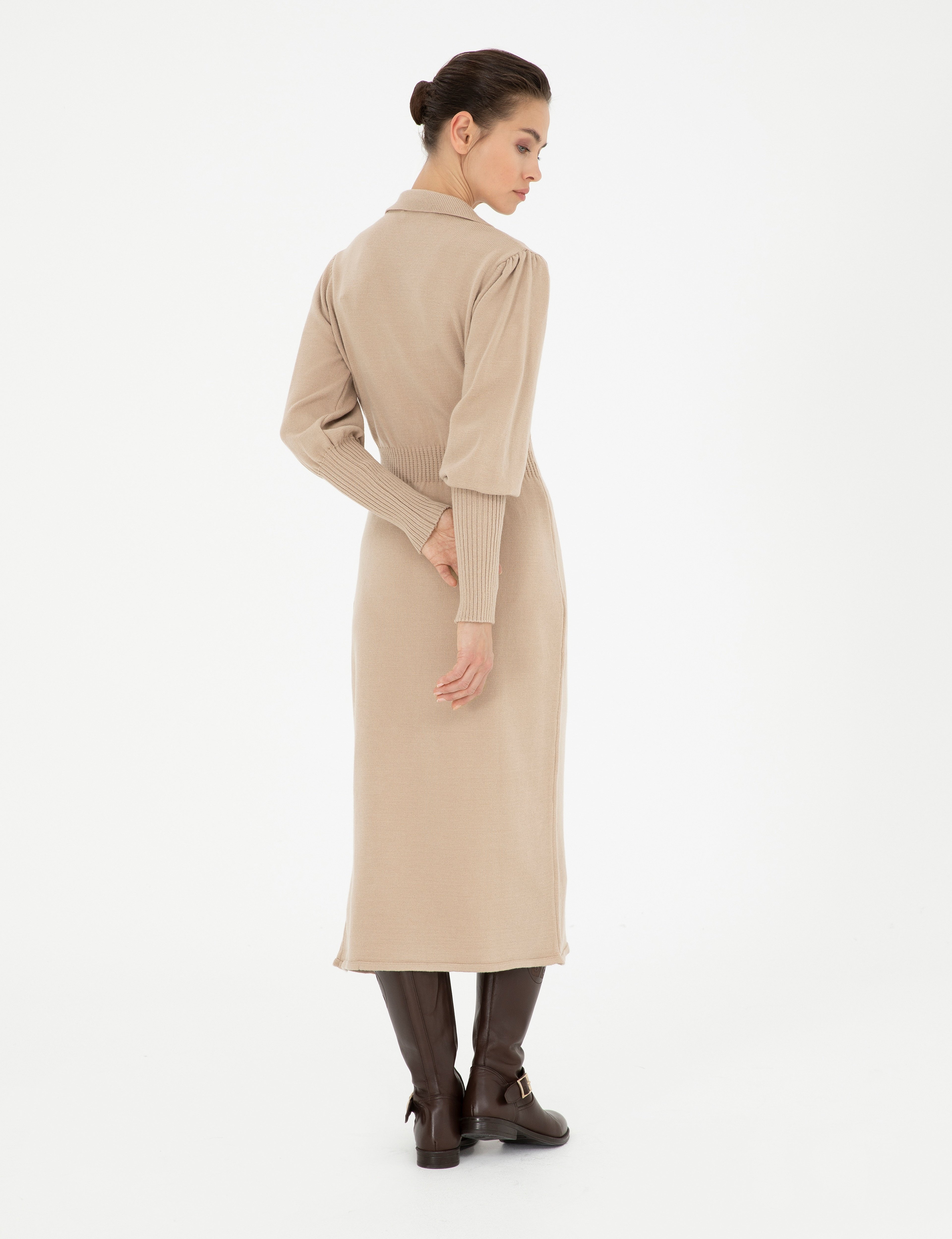 Krem Regular Fit Triko Elbise