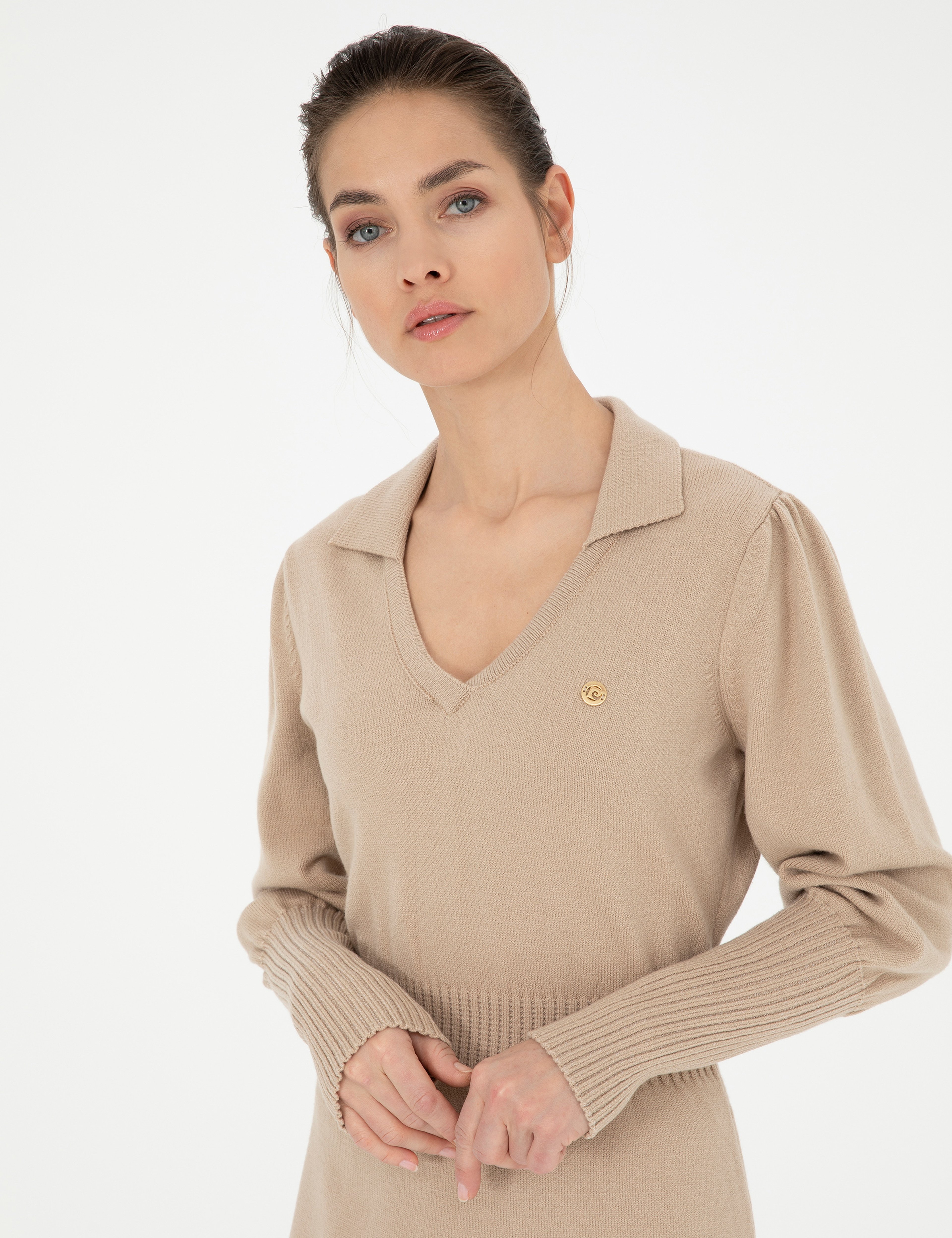 Krem Regular Fit Triko Elbise