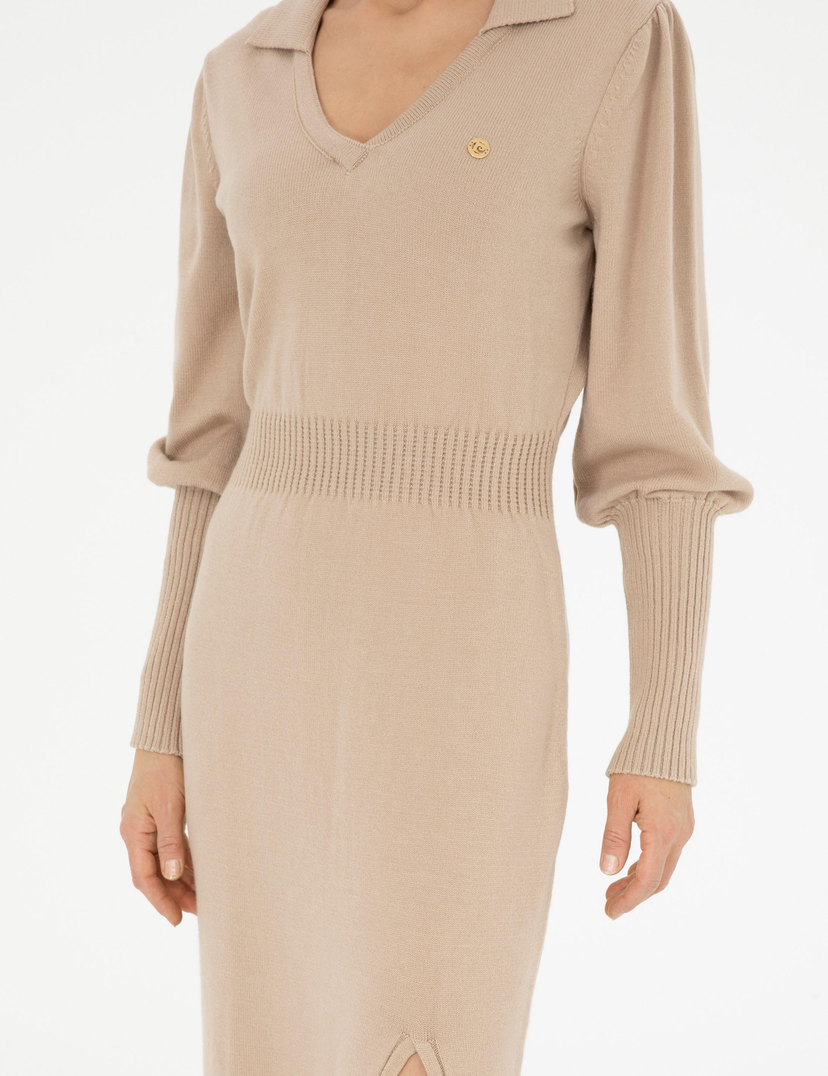 Krem Regular Fit Triko Elbise