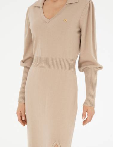 Krem Regular Fit Triko Elbise
