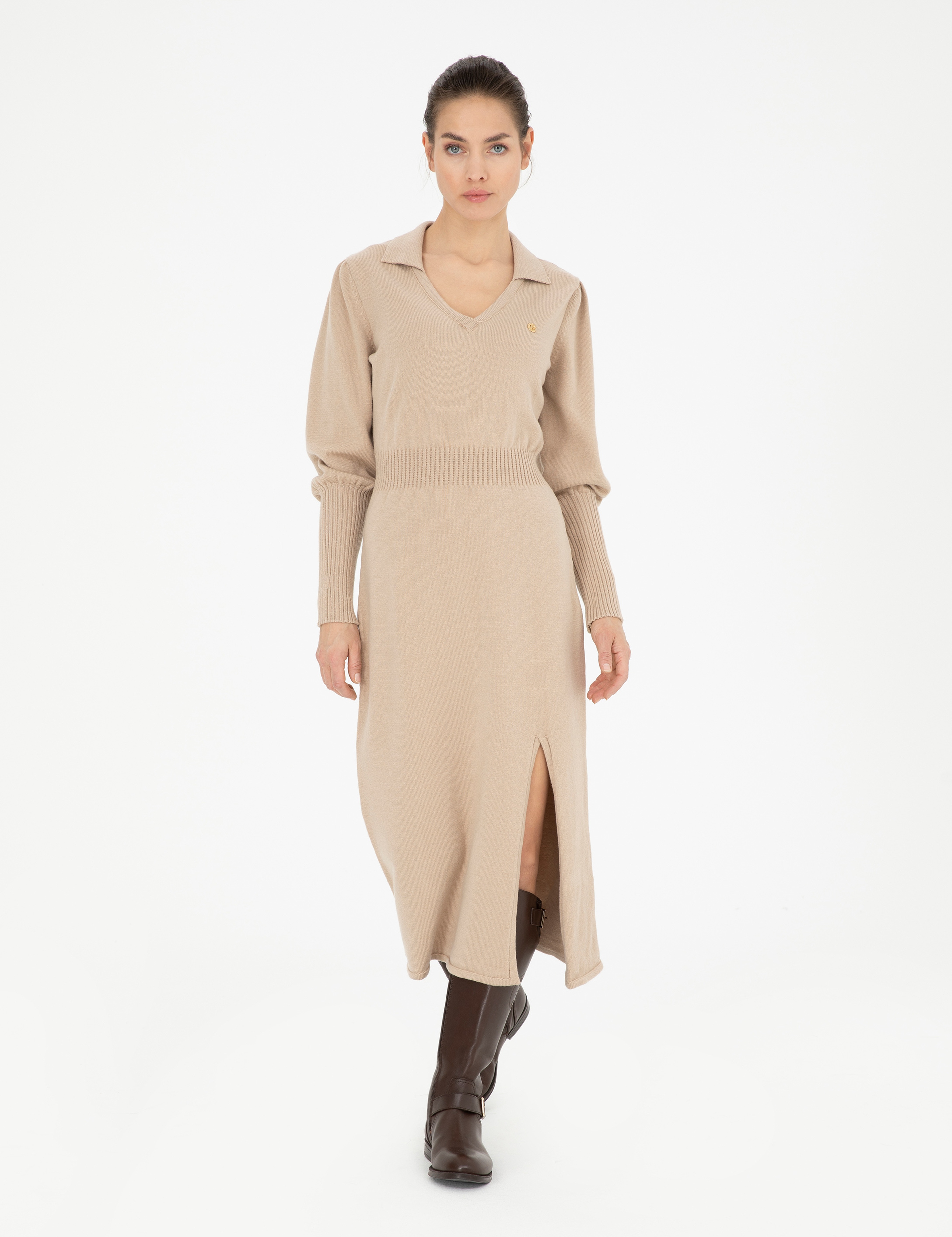 Krem Regular Fit Triko Elbise - Image 3